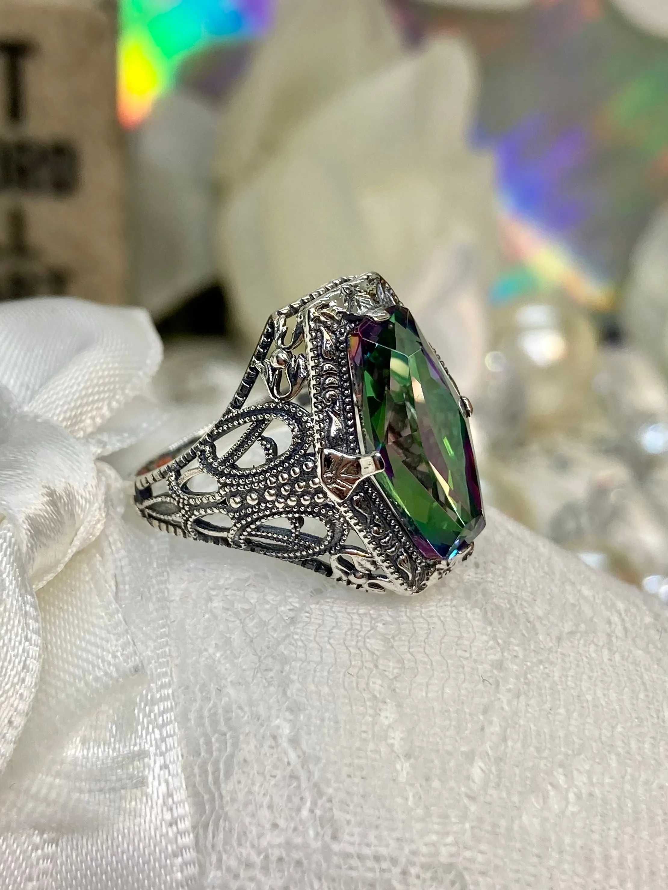 Mystic Topaz Ring, Hexagon Gem with Art Deco Filigree, Edwardian Jewelry #D237