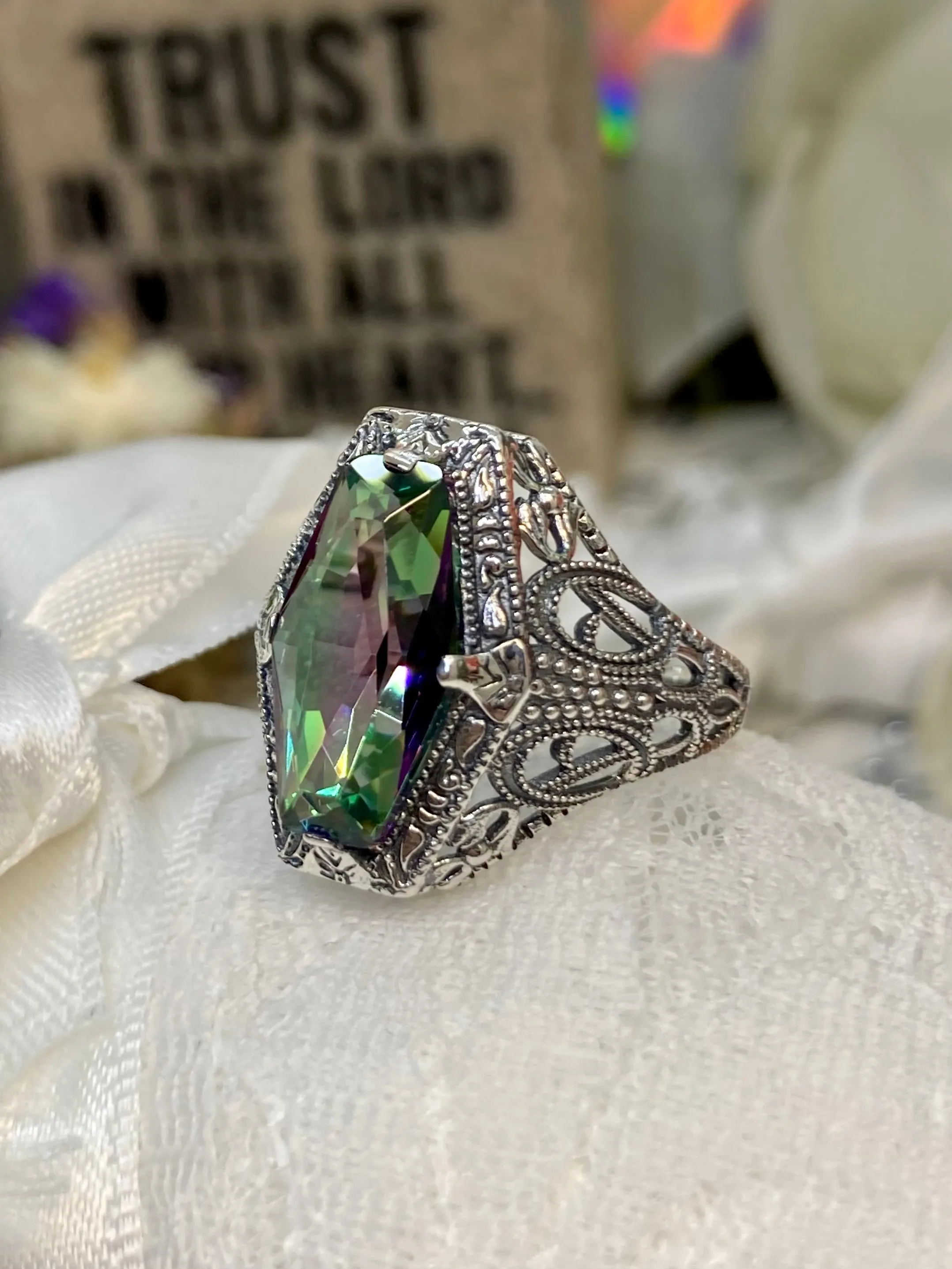 Mystic Topaz Ring, Hexagon Gem with Art Deco Filigree, Edwardian Jewelry #D237