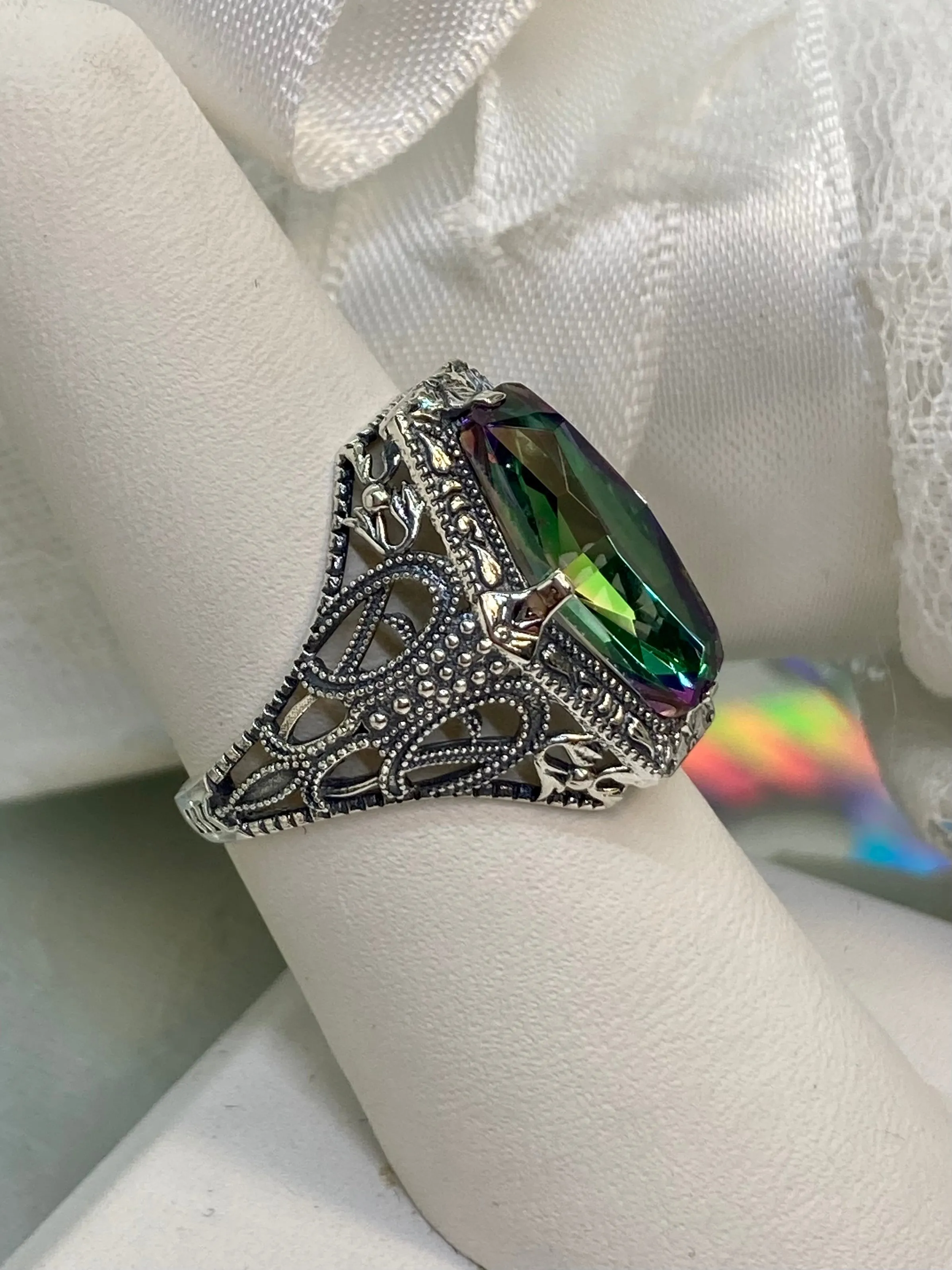 Mystic Topaz Ring, Hexagon Gem with Art Deco Filigree, Edwardian Jewelry #D237