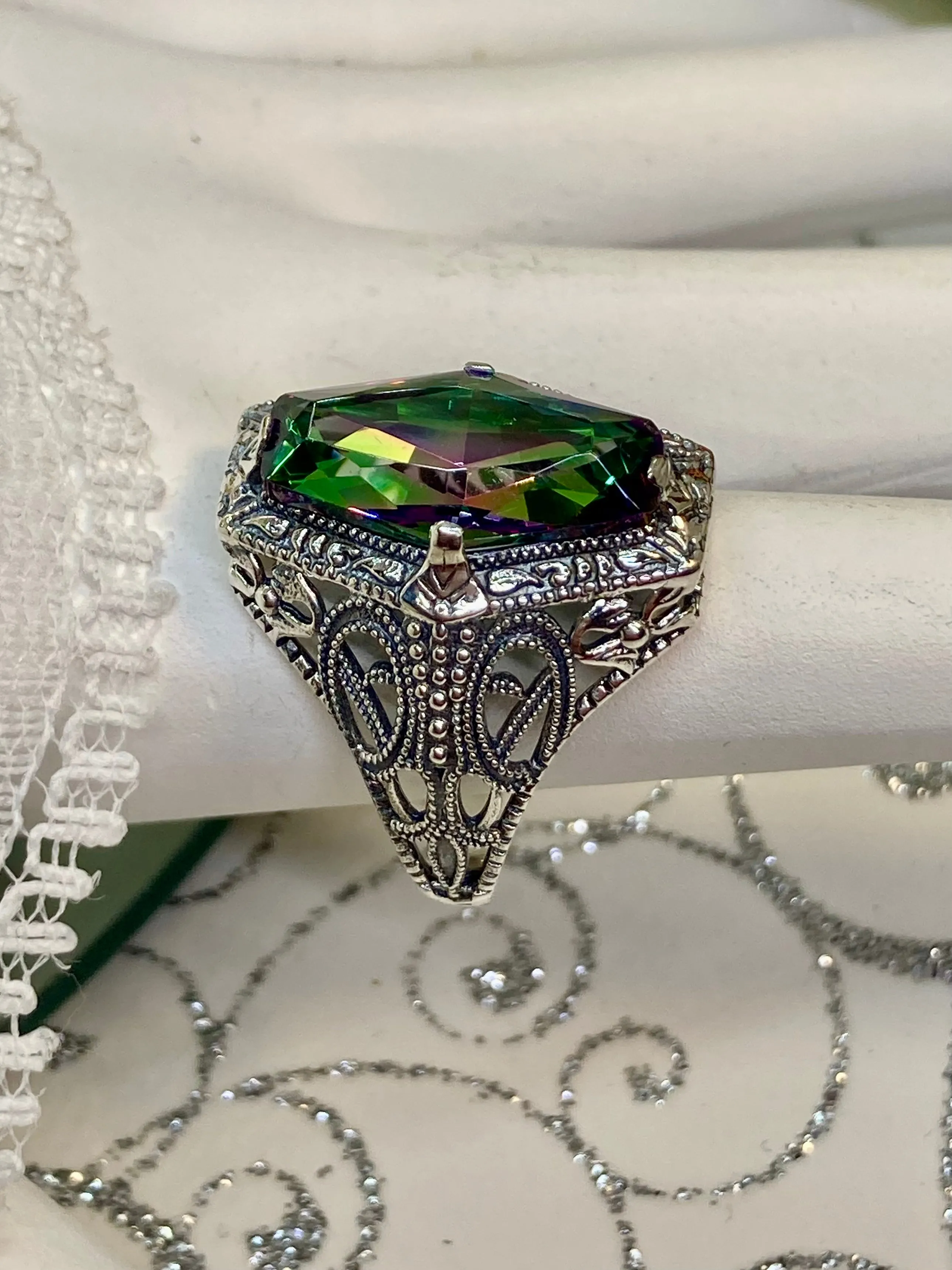 Mystic Topaz Ring, Hexagon Gem with Art Deco Filigree, Edwardian Jewelry #D237