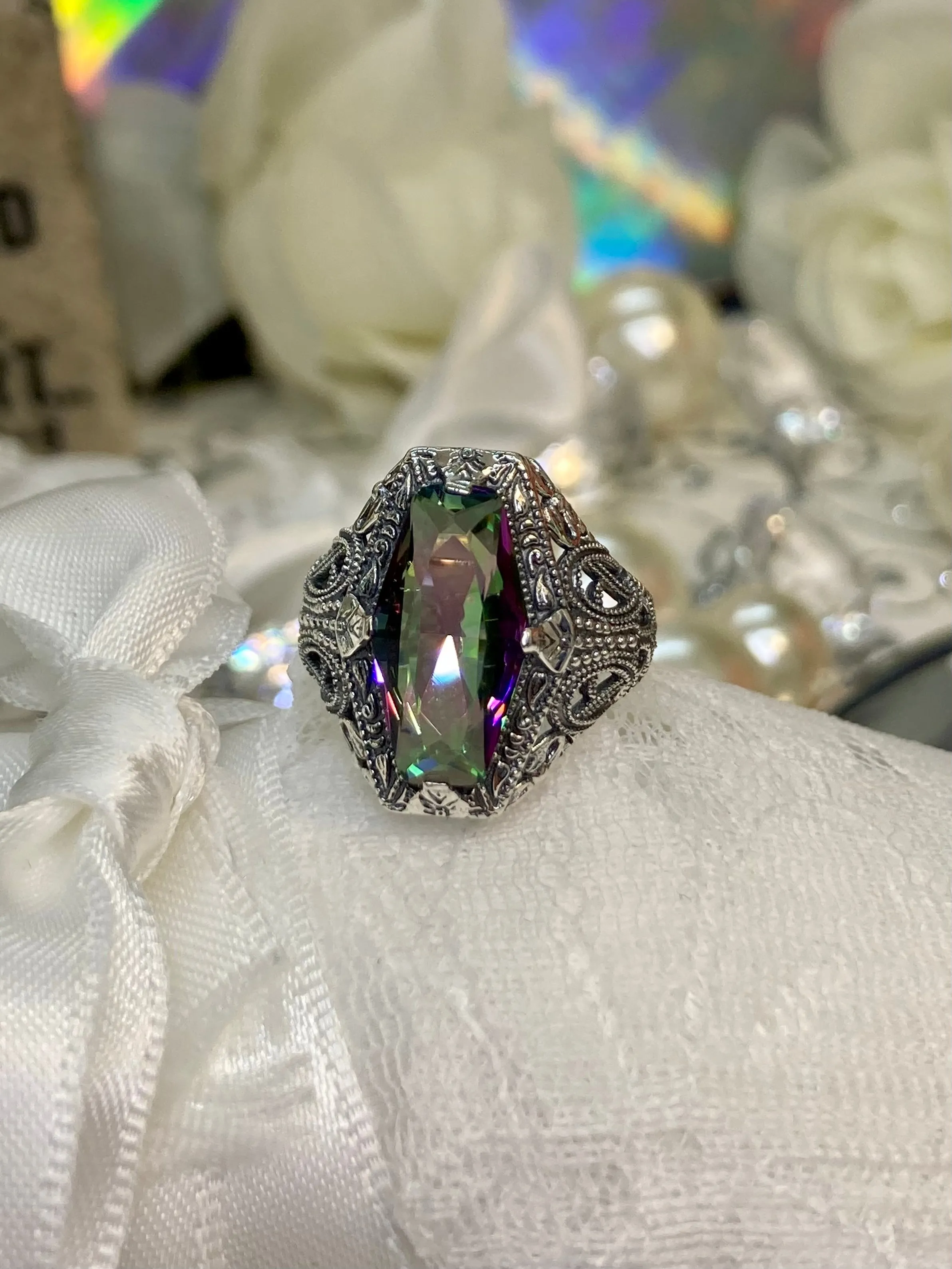 Mystic Topaz Ring, Hexagon Gem with Art Deco Filigree, Edwardian Jewelry #D237