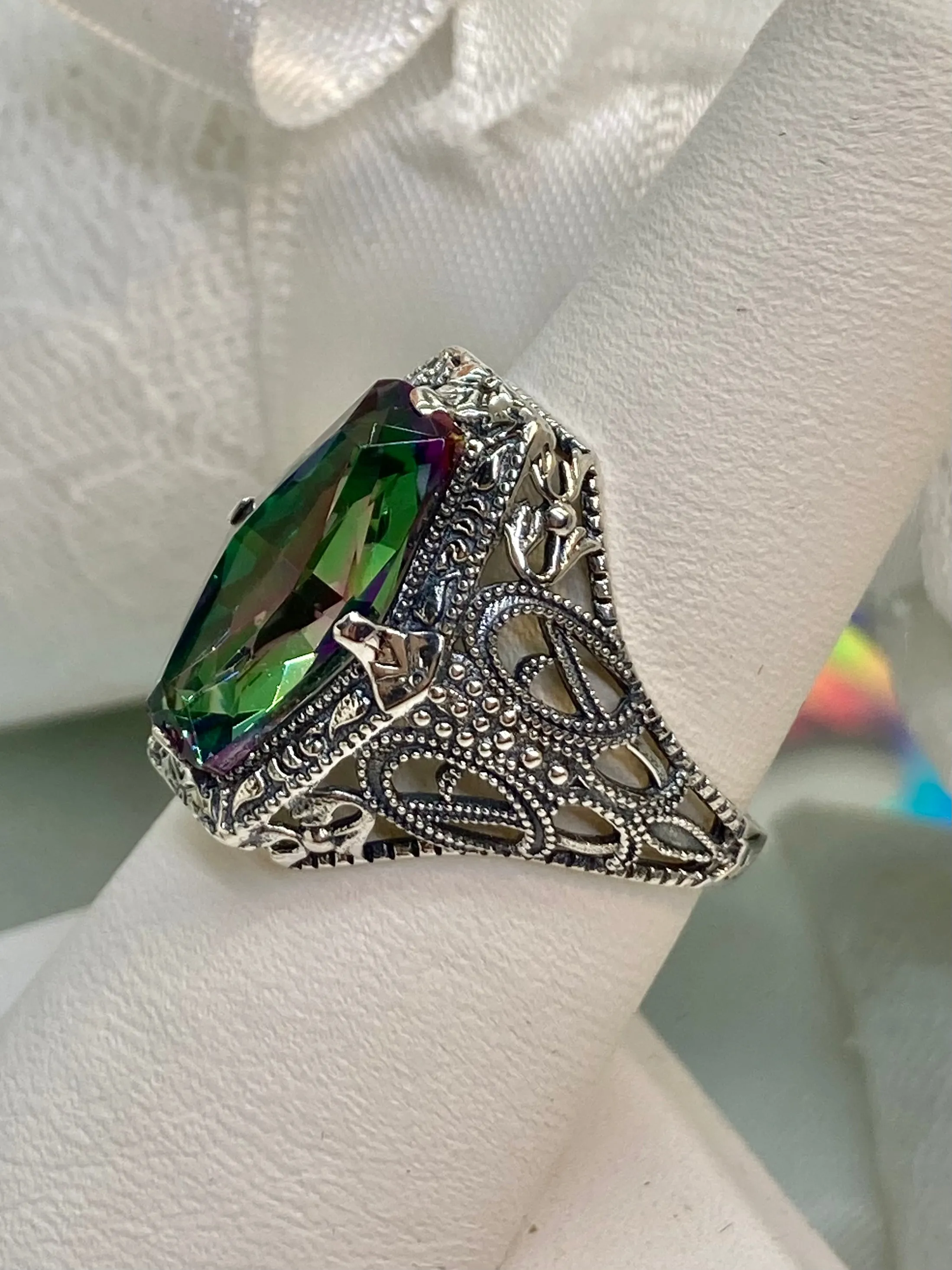 Mystic Topaz Ring, Hexagon Gem with Art Deco Filigree, Edwardian Jewelry #D237