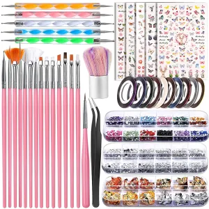 Nail Art Brushes, Nail Dotting Tools, Teenitor Nail Art Design Kit with Butterfly Nail Brush, Nail Art Stickers, Nail Foil, Nail Art Striping Tape, Nail Art Rhinestones