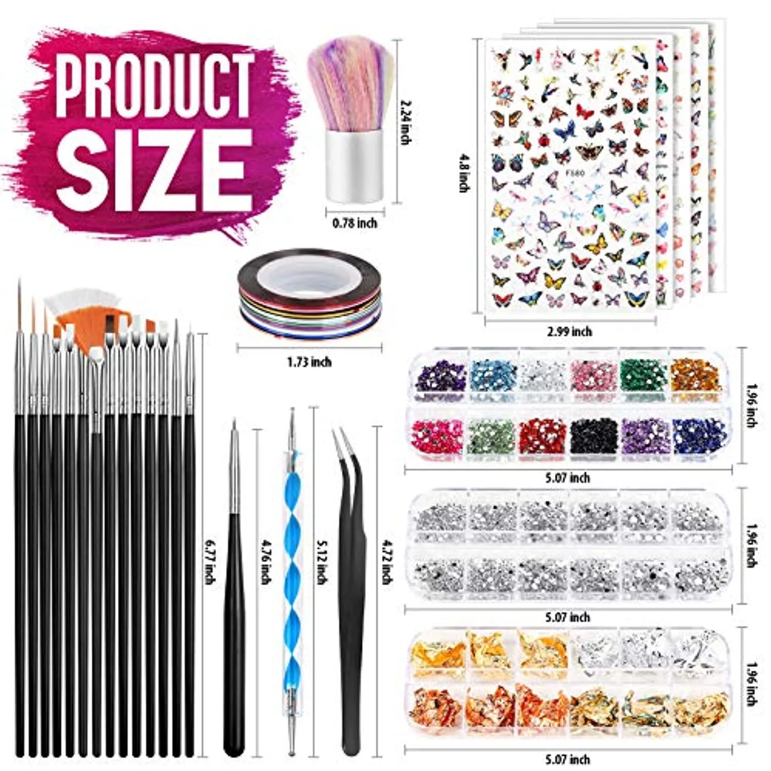 Nail Art Brushes, Nail Dotting Tools, Teenitor Nail Art Design Kit with Butterfly Nail Brush, Nail Art Stickers, Nail Foil, Nail Art Striping Tape, Nail Art Rhinestones