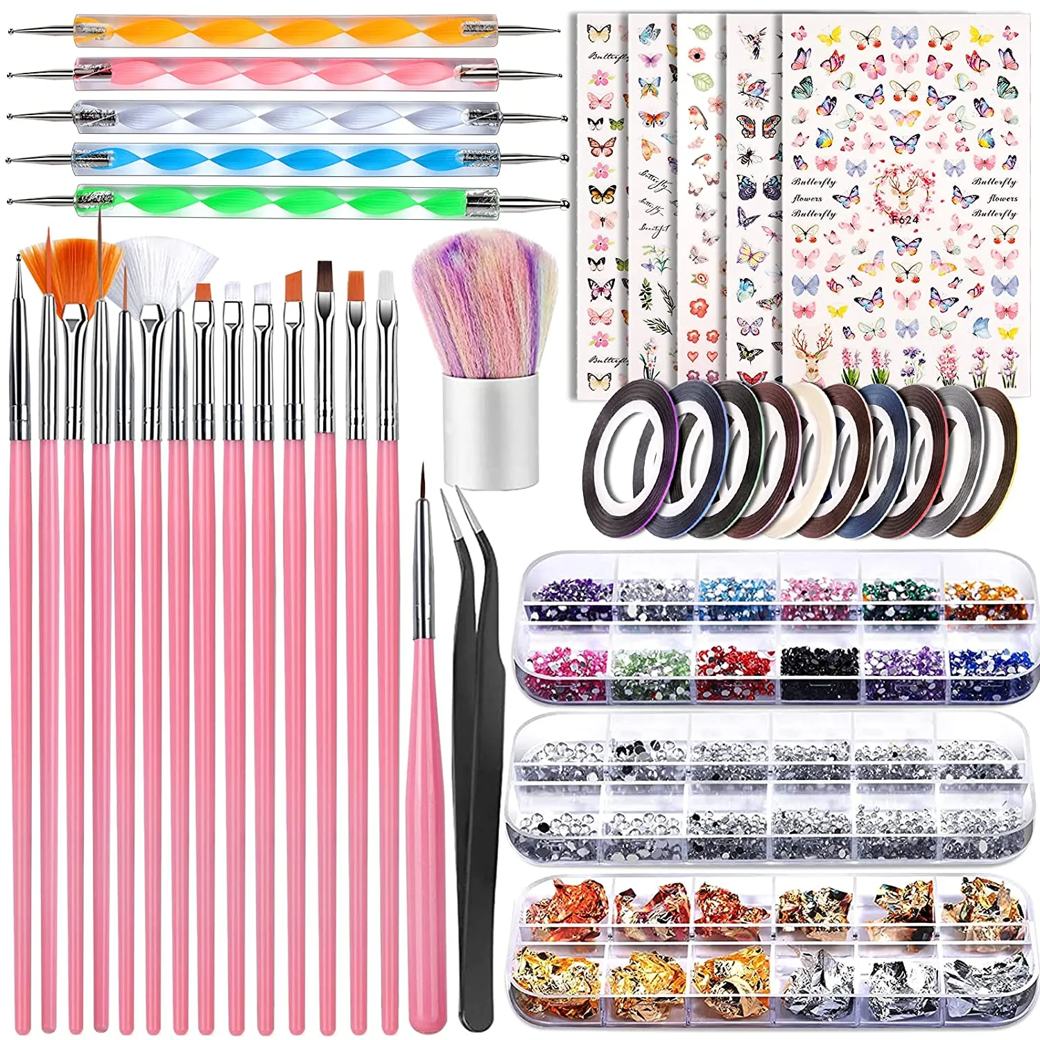Nail Art Brushes, Nail Dotting Tools, Teenitor Nail Art Design Kit with Butterfly Nail Brush, Nail Art Stickers, Nail Foil, Nail Art Striping Tape, Nail Art Rhinestones
