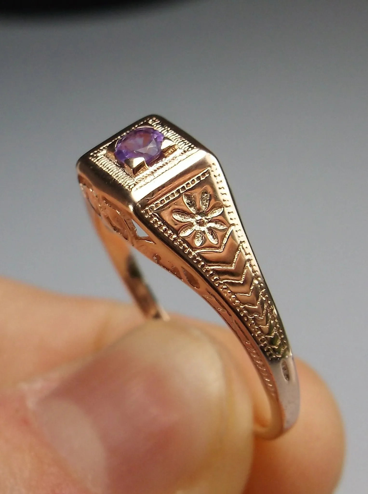 Natural Amethyst Ring, Rose Gold, Art Deco Jewelry #D155