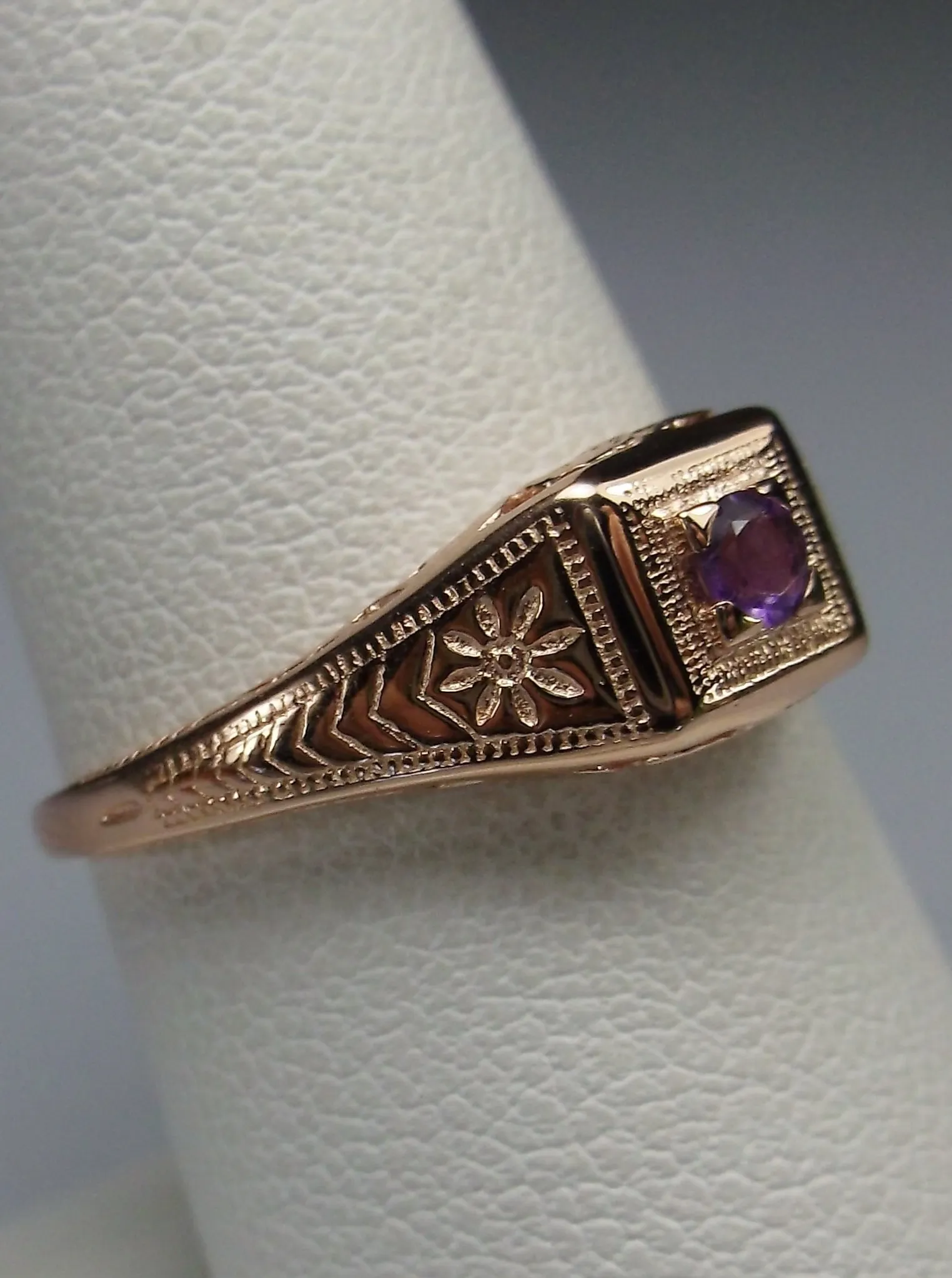 Natural Amethyst Ring, Rose Gold, Art Deco Jewelry #D155