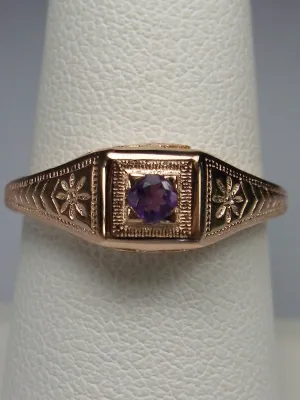 Natural Amethyst Ring, Rose Gold, Art Deco Jewelry #D155