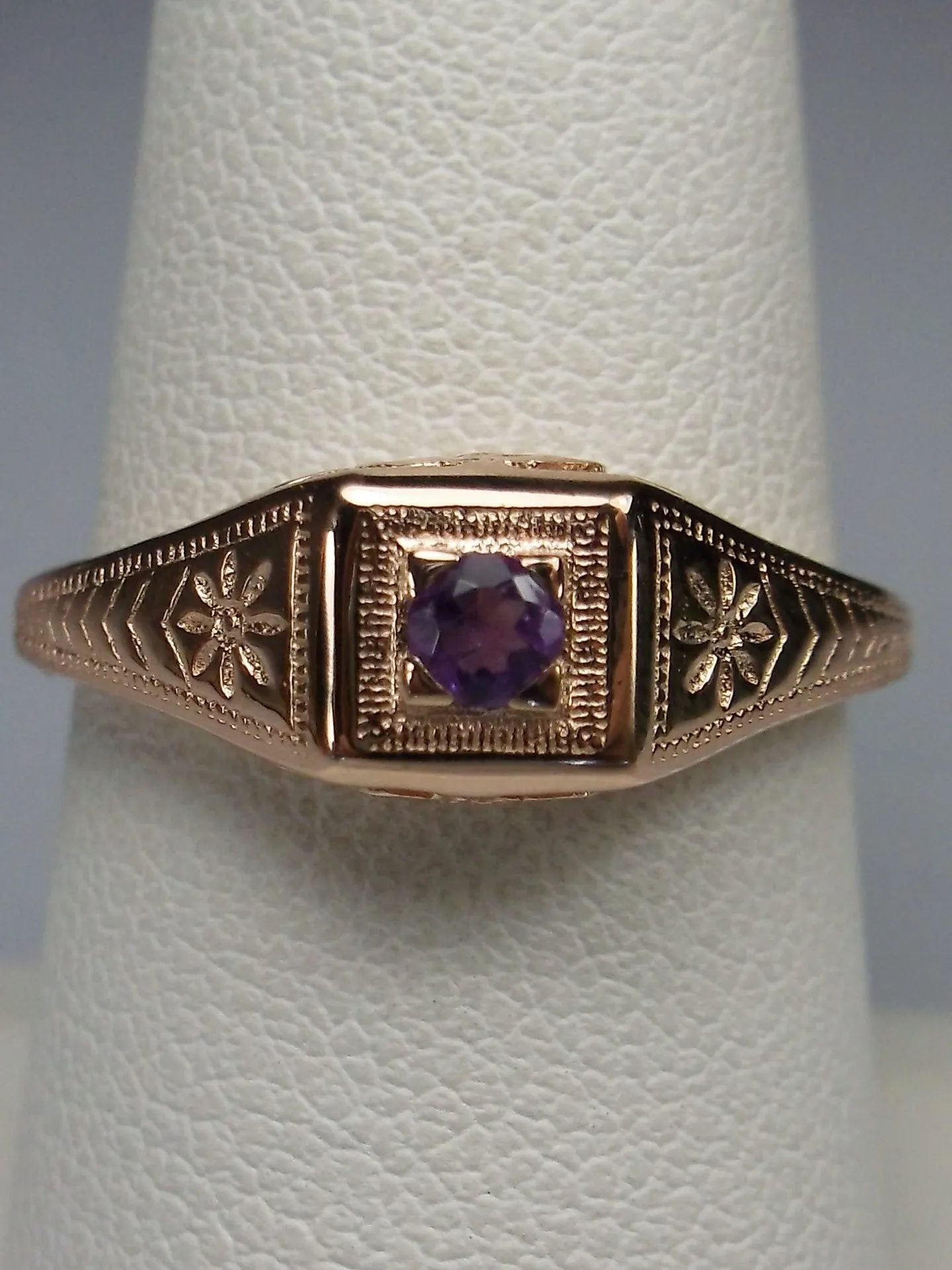 Natural Amethyst Ring, Rose Gold, Art Deco Jewelry #D155