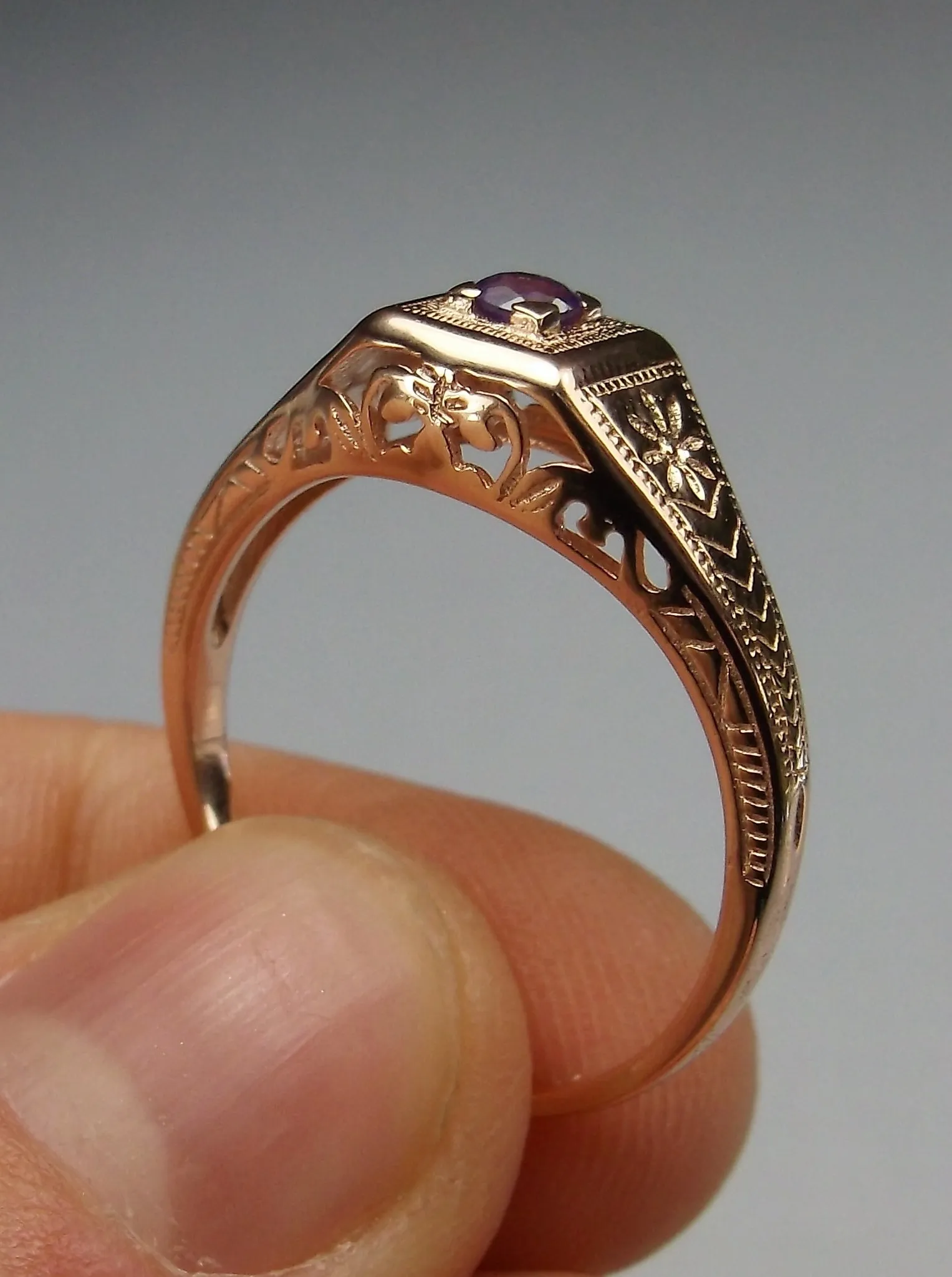 Natural Amethyst Ring, Rose Gold, Art Deco Jewelry #D155