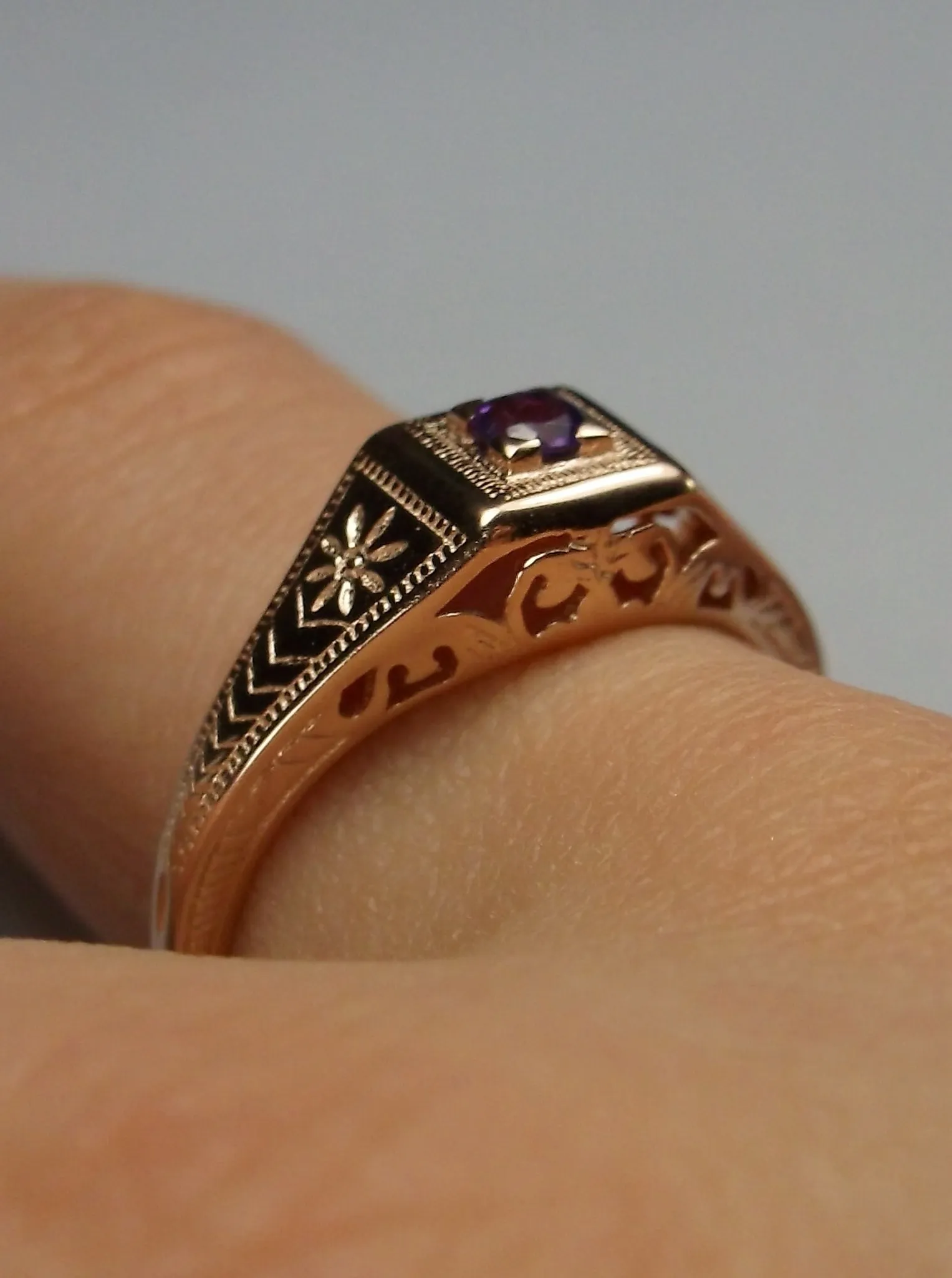 Natural Amethyst Ring, Rose Gold, Art Deco Jewelry #D155