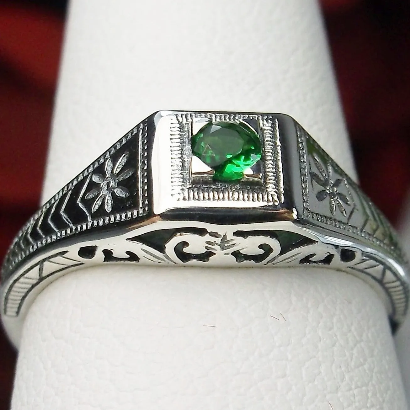 Natural Emerald Ring, Rose Gold, Art Deco Jewelry #D155