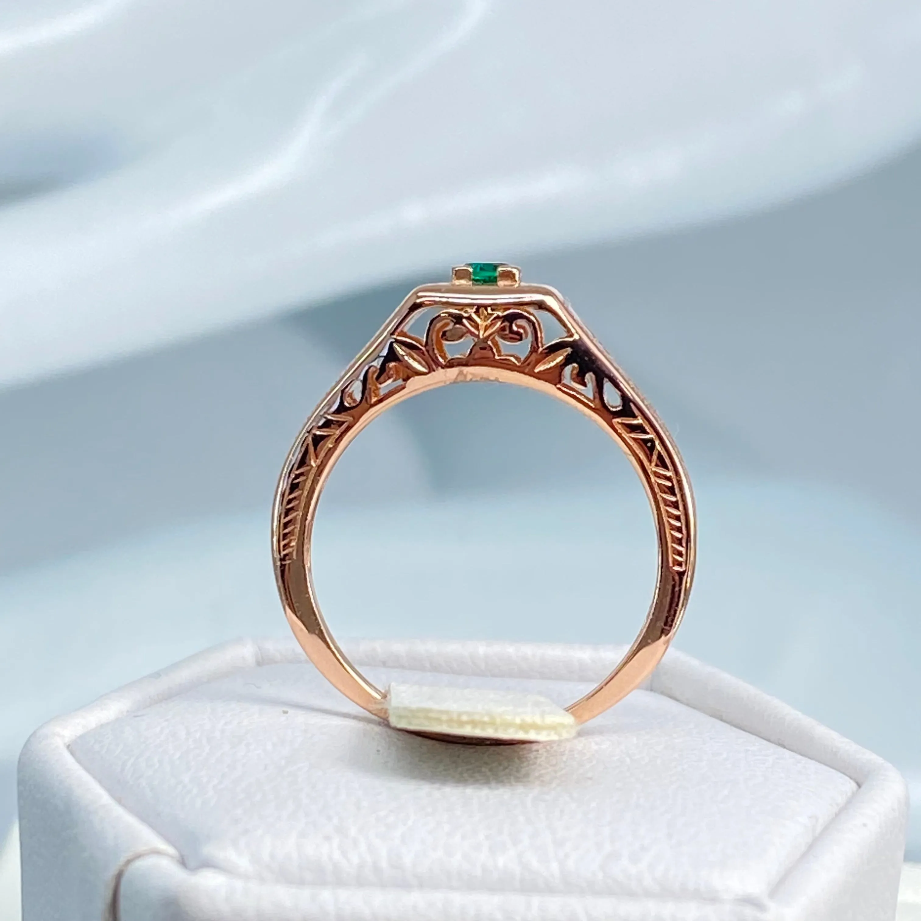 Natural Emerald Ring, Rose Gold, Art Deco Jewelry #D155