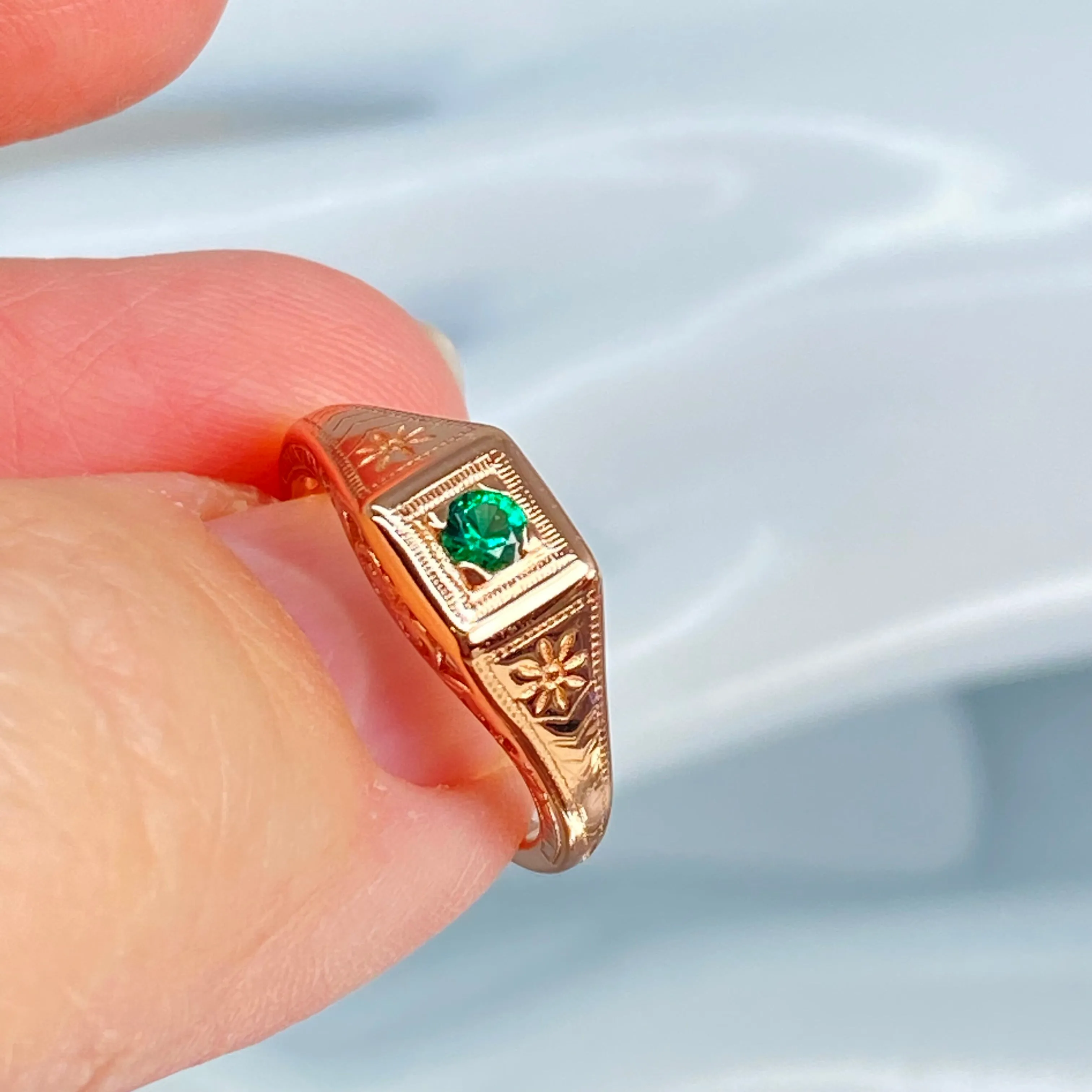 Natural Emerald Ring, Rose Gold, Art Deco Jewelry #D155