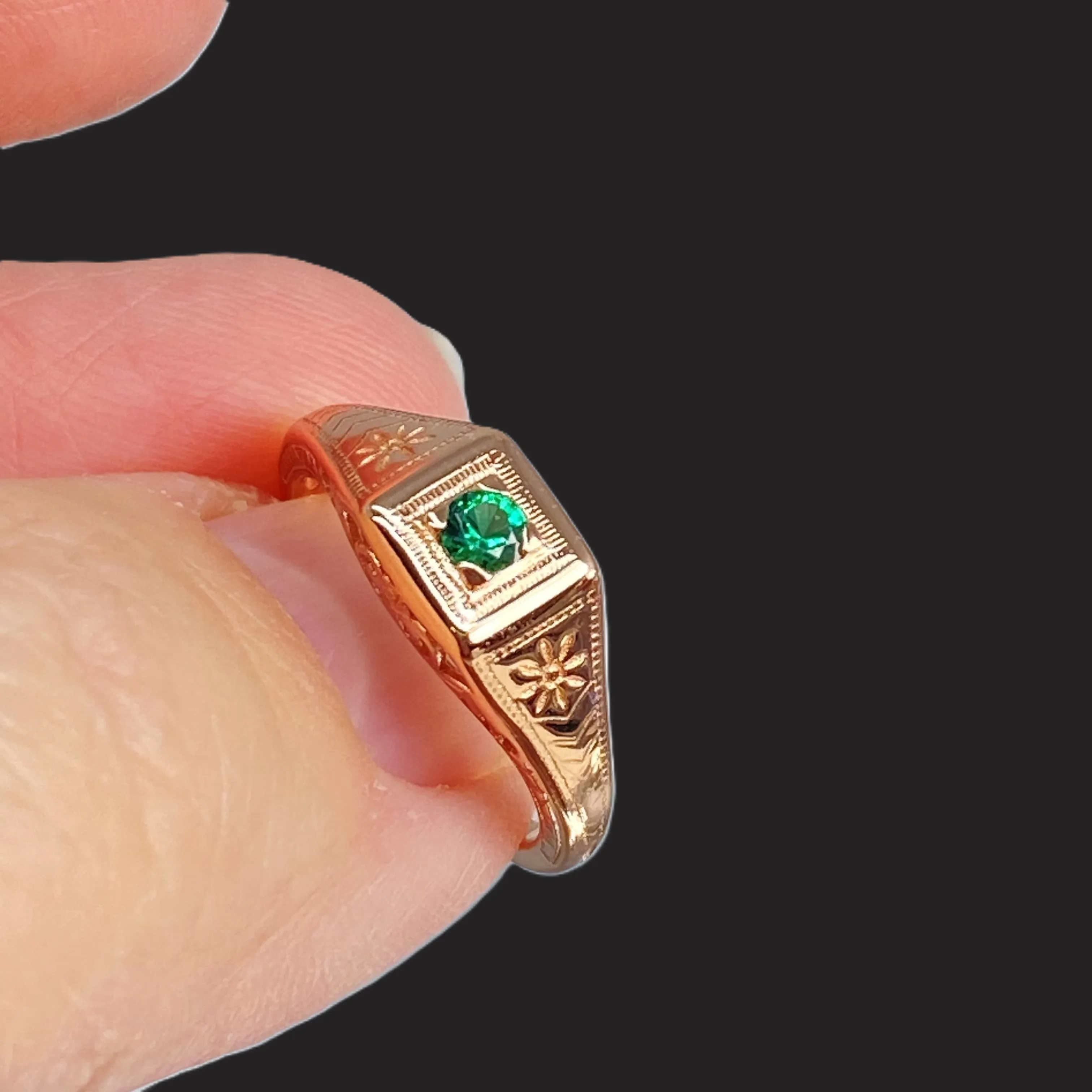 Natural Emerald Ring, Rose Gold, Art Deco Jewelry #D155
