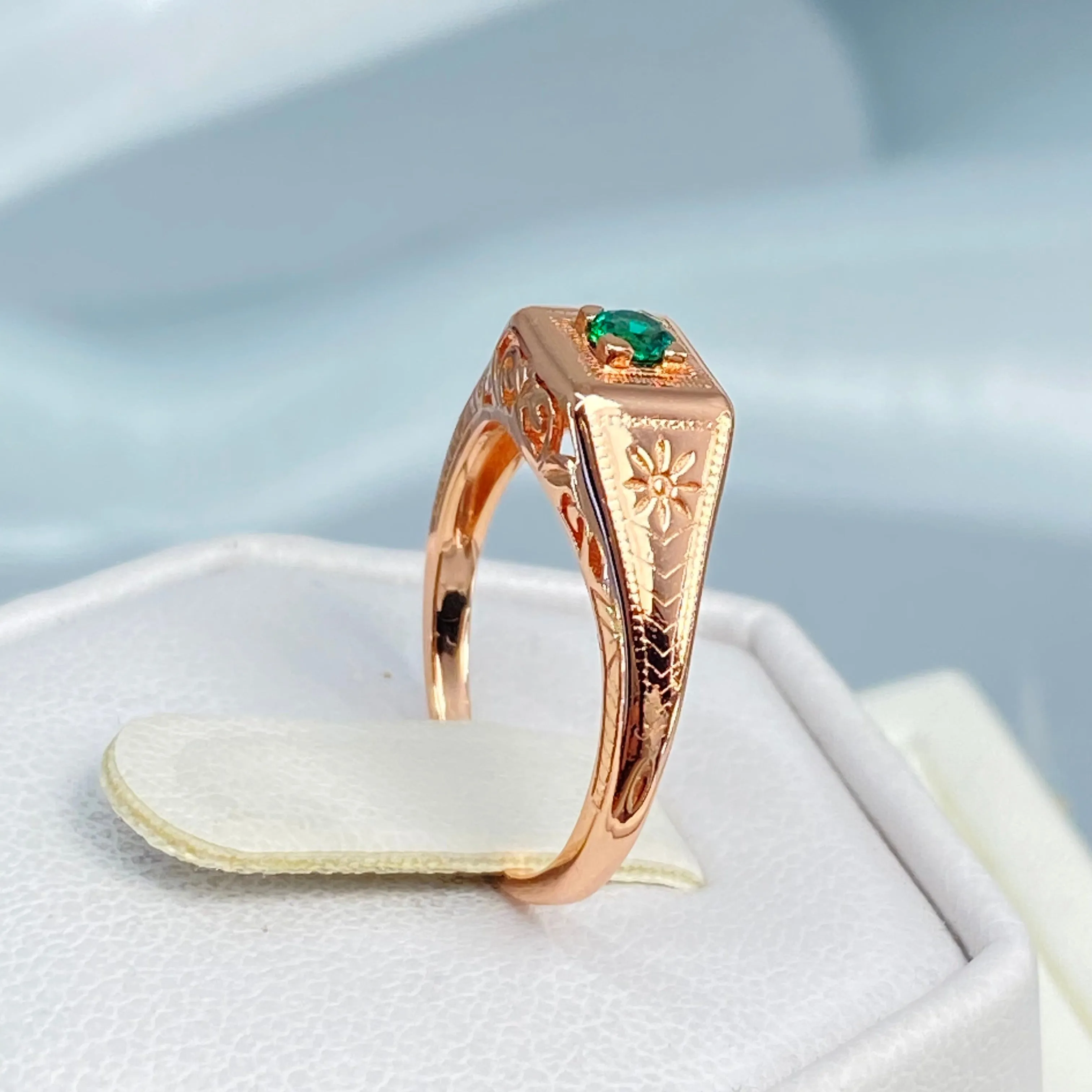 Natural Emerald Ring, Rose Gold, Art Deco Jewelry #D155