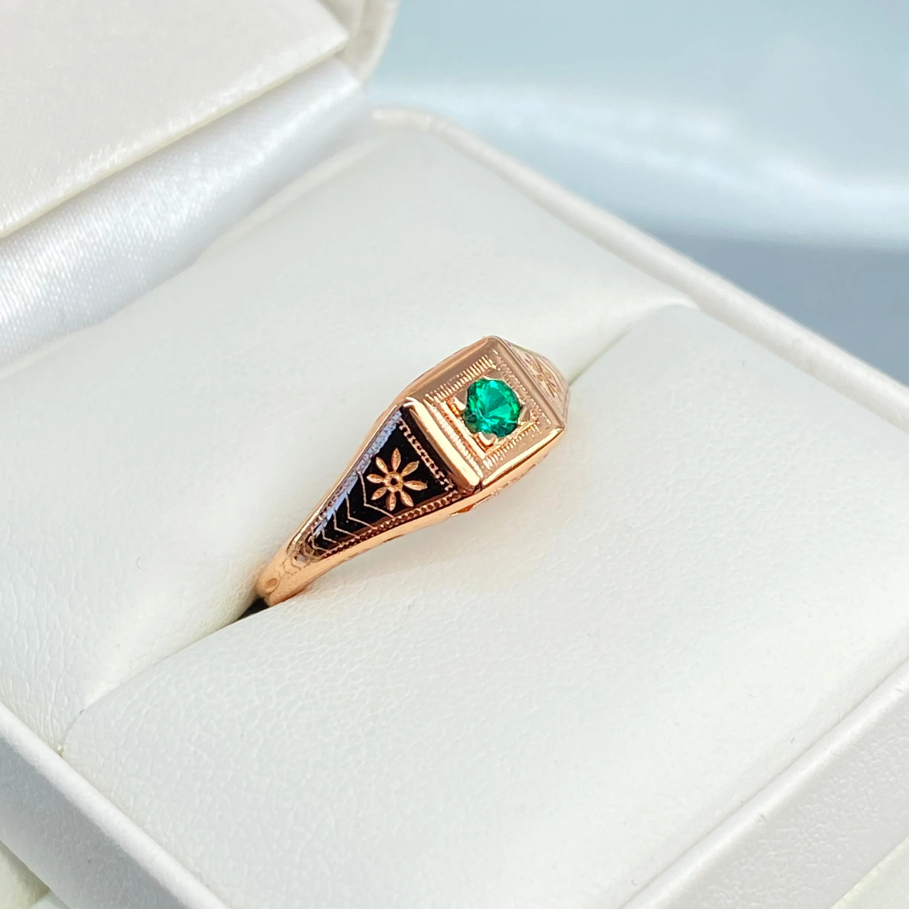 Natural Emerald Ring, Rose Gold, Art Deco Jewelry #D155