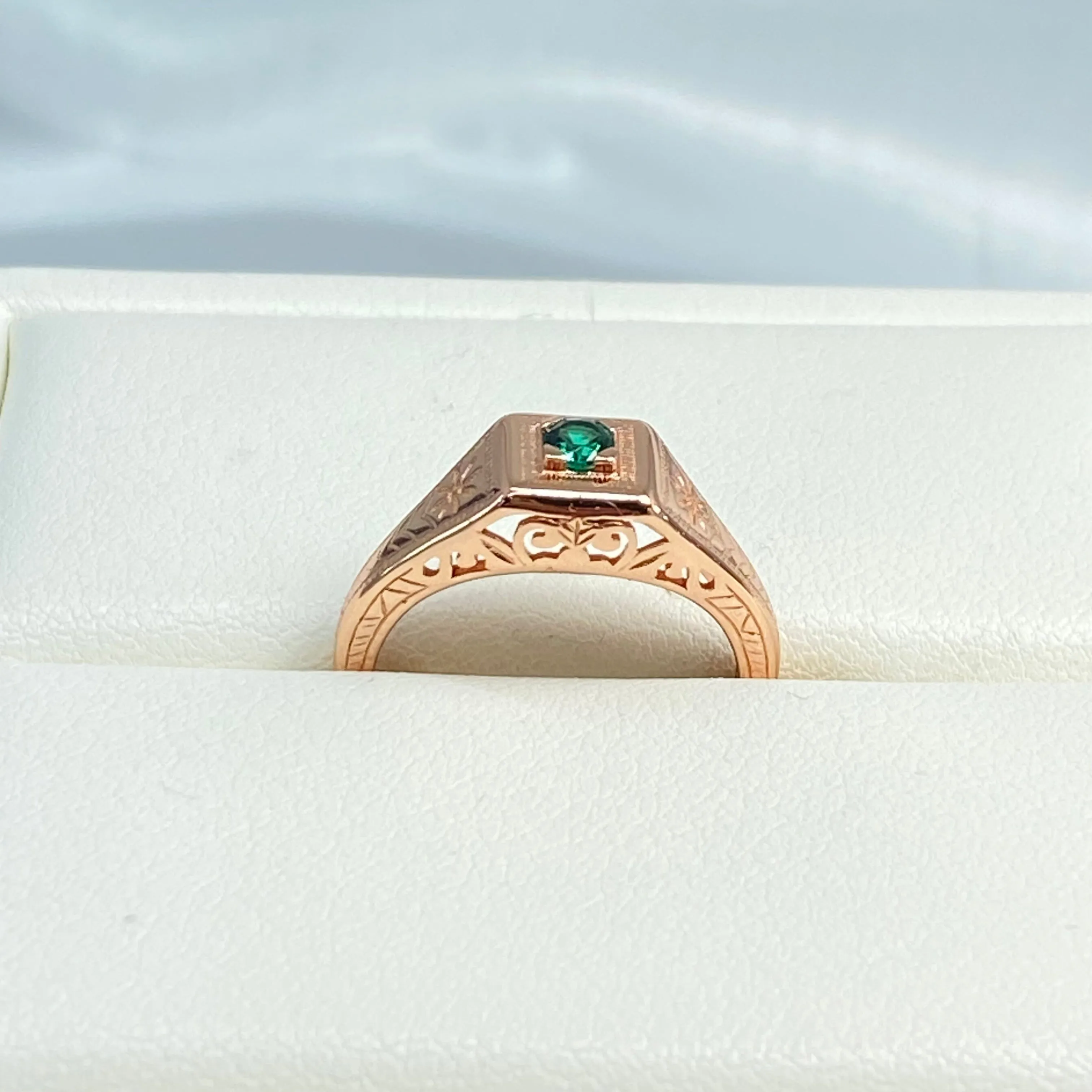 Natural Emerald Ring, Rose Gold, Art Deco Jewelry #D155