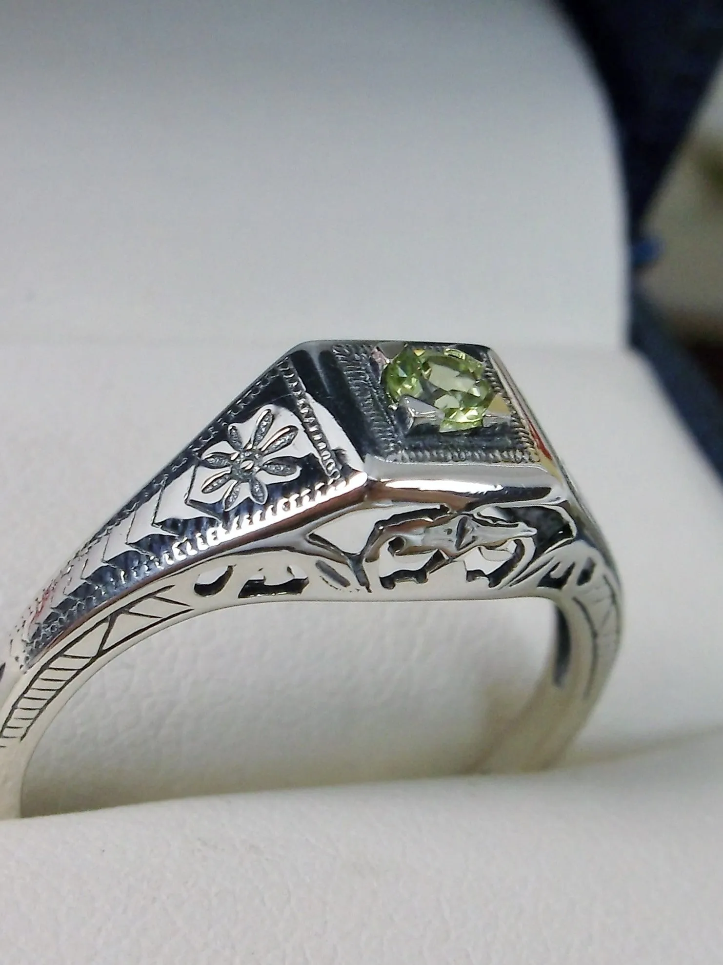 Natural Peridot Ring, Antique Reproduction Art Deco Jewelry #D155