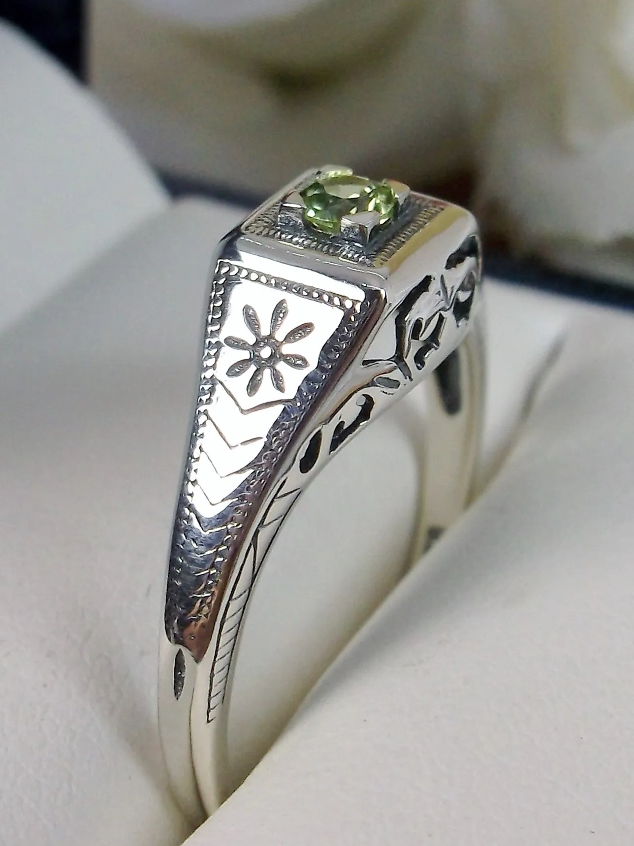 Natural Peridot Ring, Antique Reproduction Art Deco Jewelry #D155