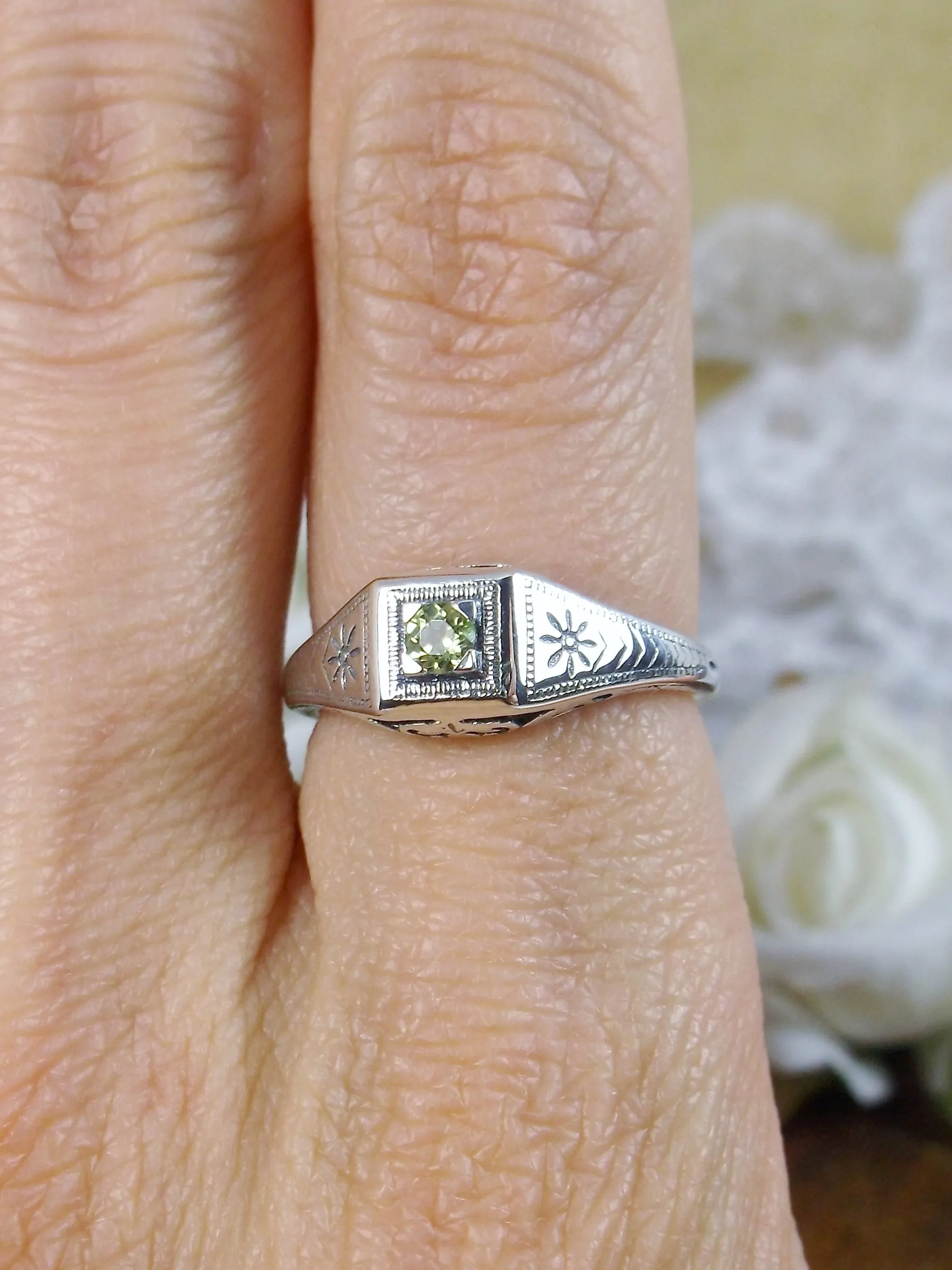 Natural Peridot Ring, Antique Reproduction Art Deco Jewelry #D155
