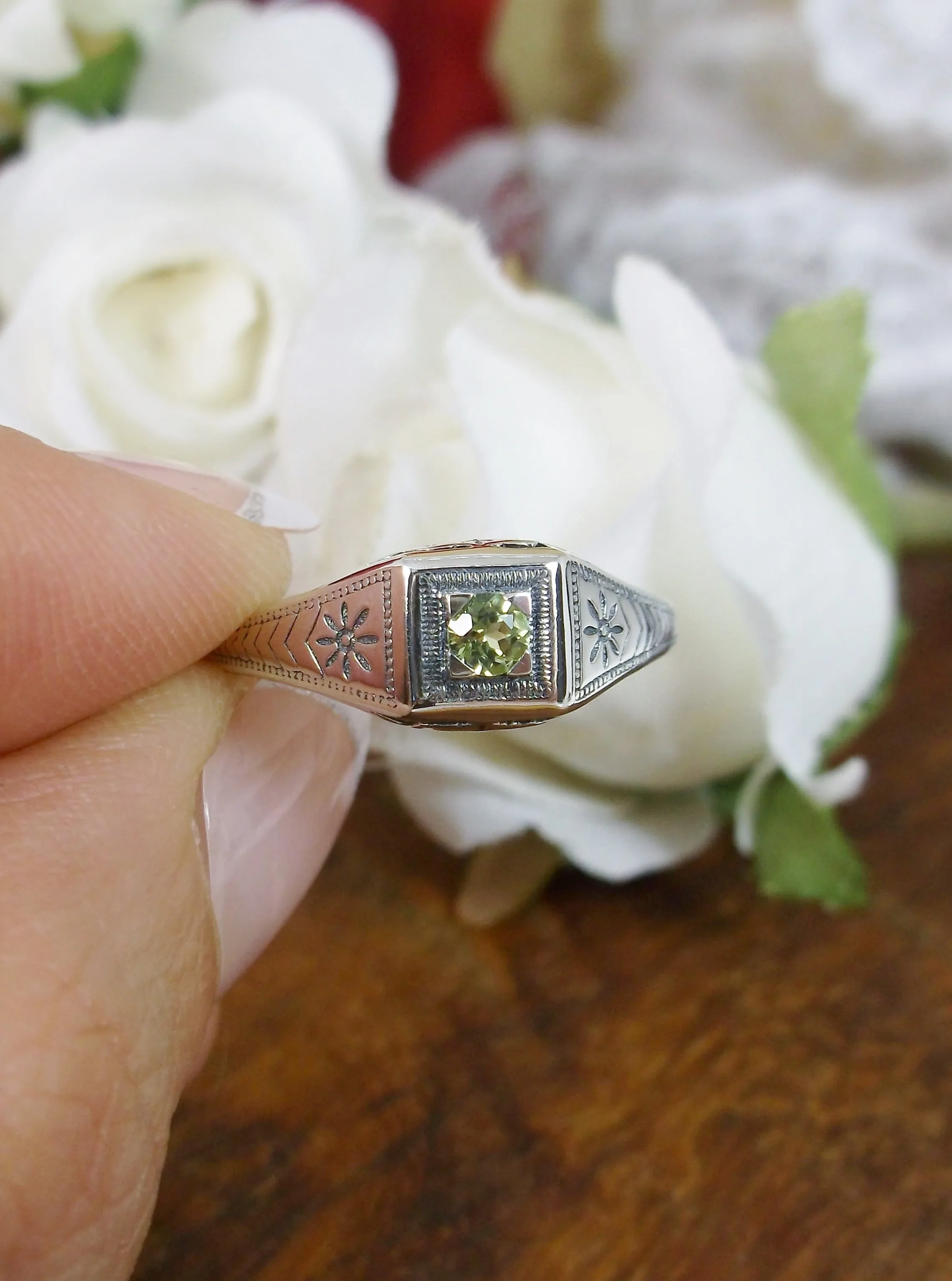 Natural Peridot Ring, Antique Reproduction Art Deco Jewelry #D155