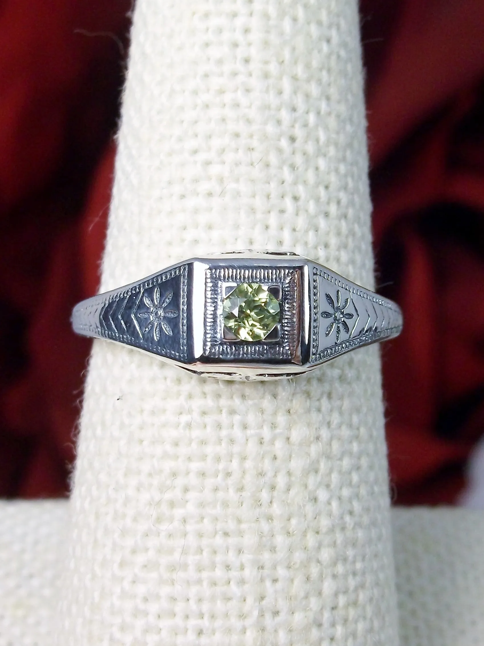 Natural Peridot Ring, Antique Reproduction Art Deco Jewelry #D155