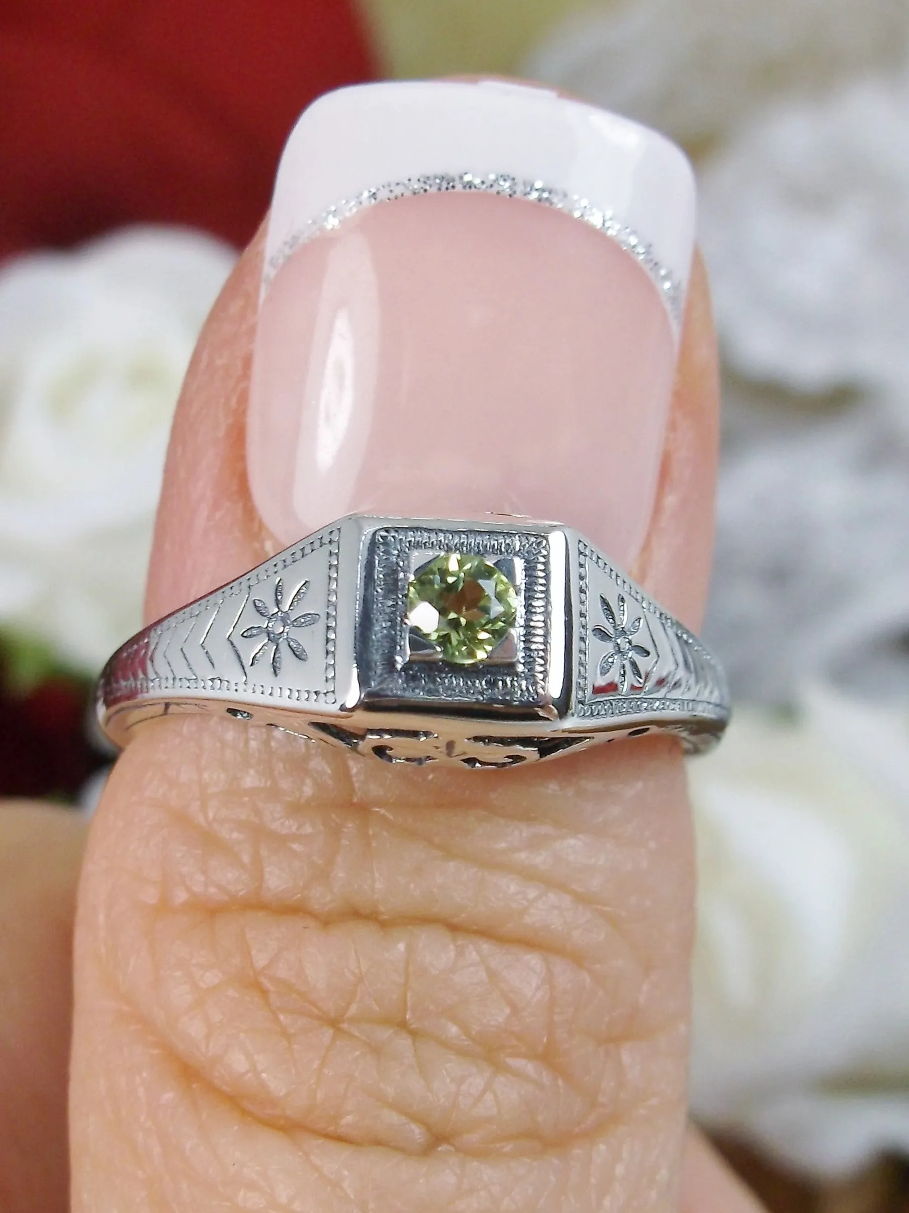 Natural Peridot Ring, Antique Reproduction Art Deco Jewelry #D155