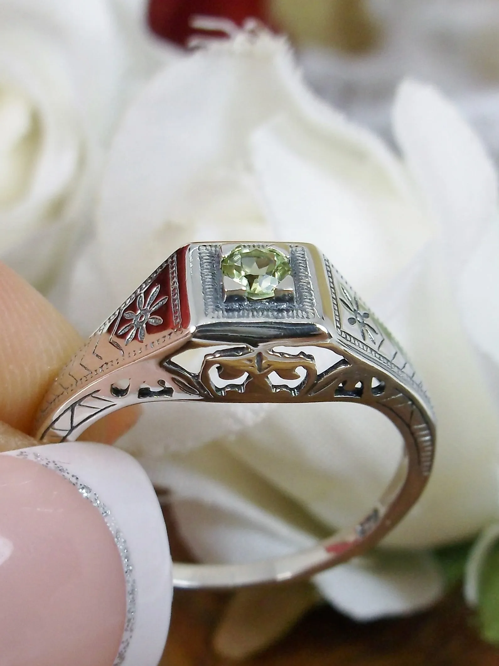 Natural Peridot Ring, Antique Reproduction Art Deco Jewelry #D155