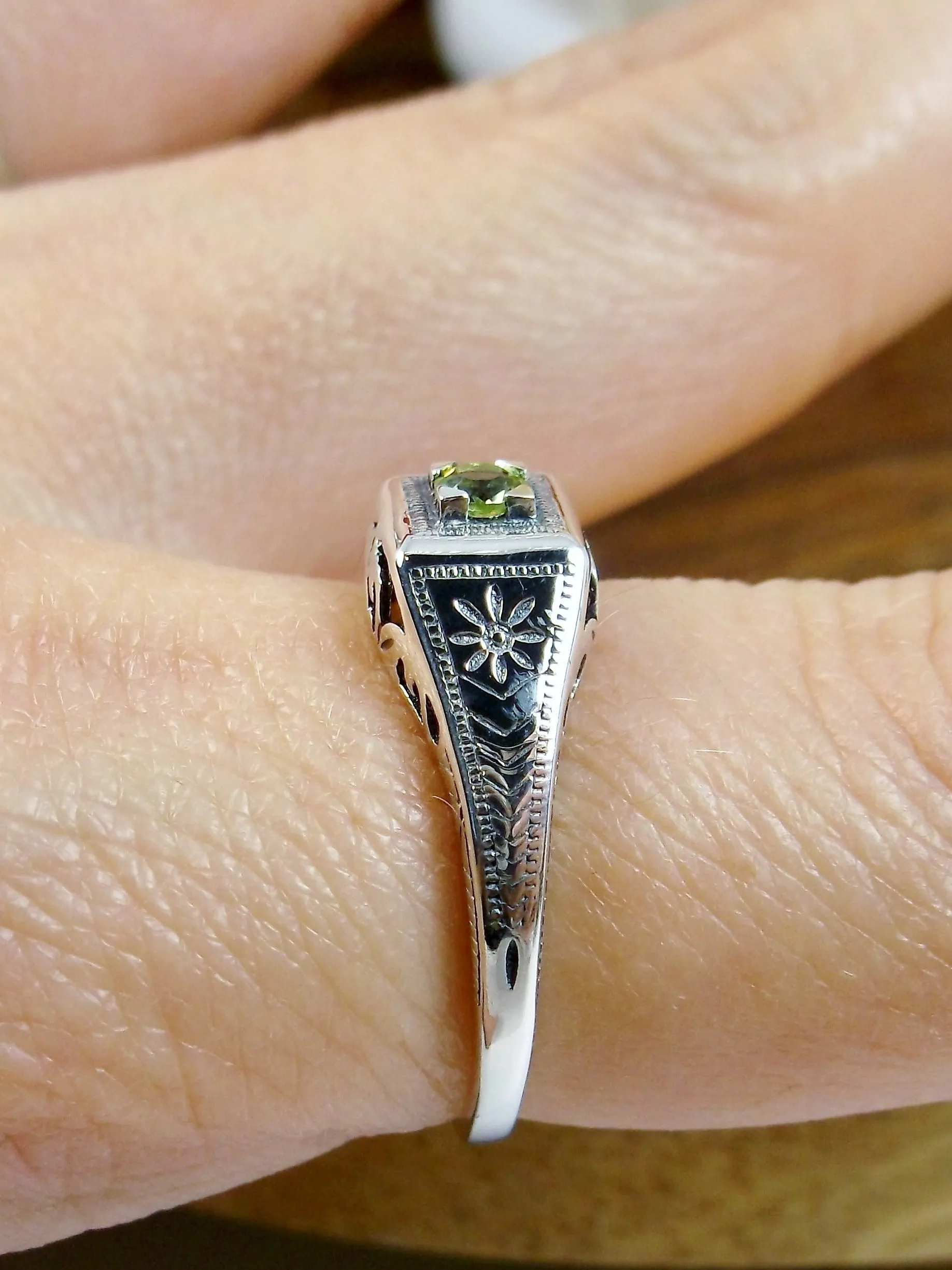 Natural Peridot Ring, Antique Reproduction Art Deco Jewelry #D155