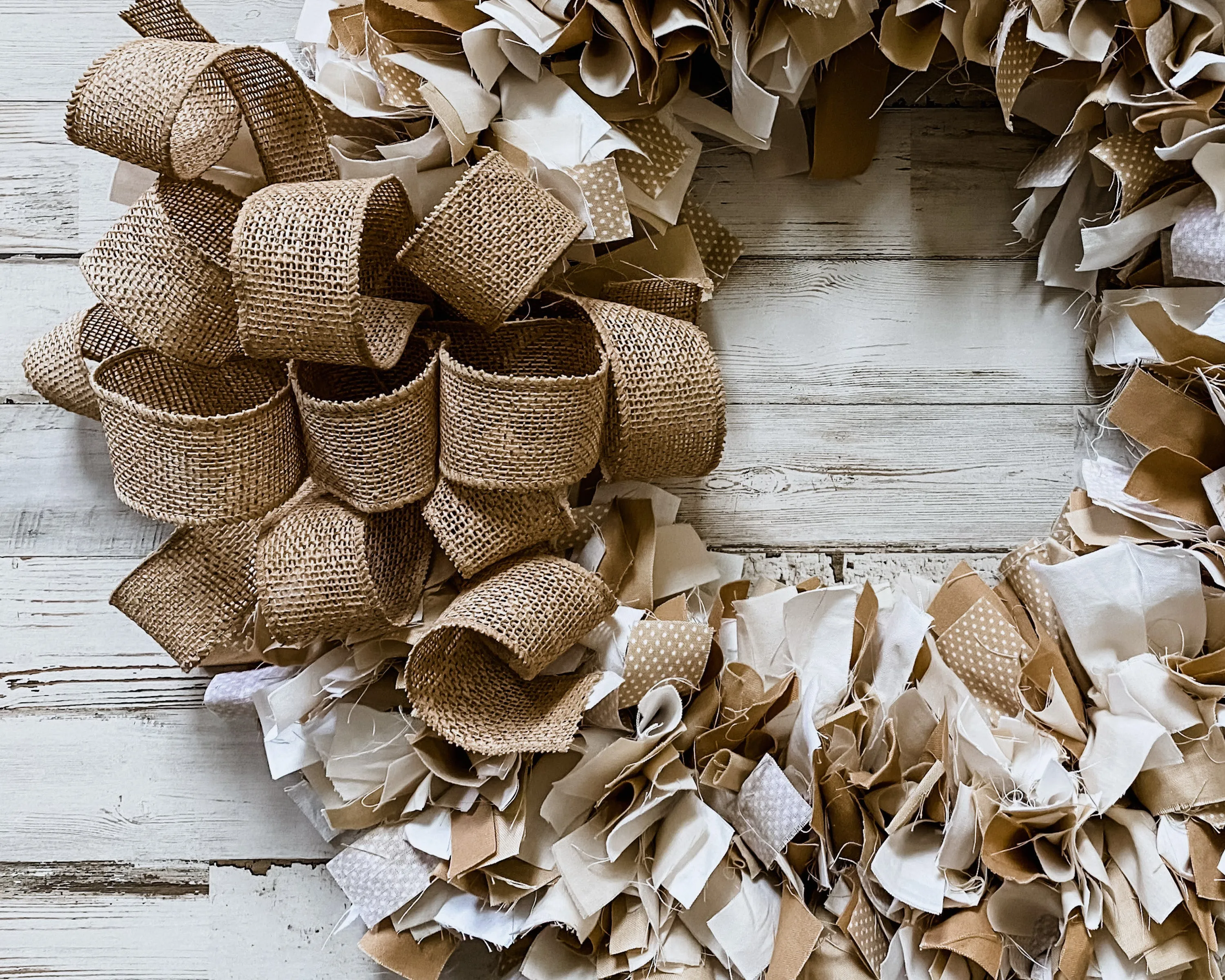Neutral rustic brown polka dot fabric rag wreath