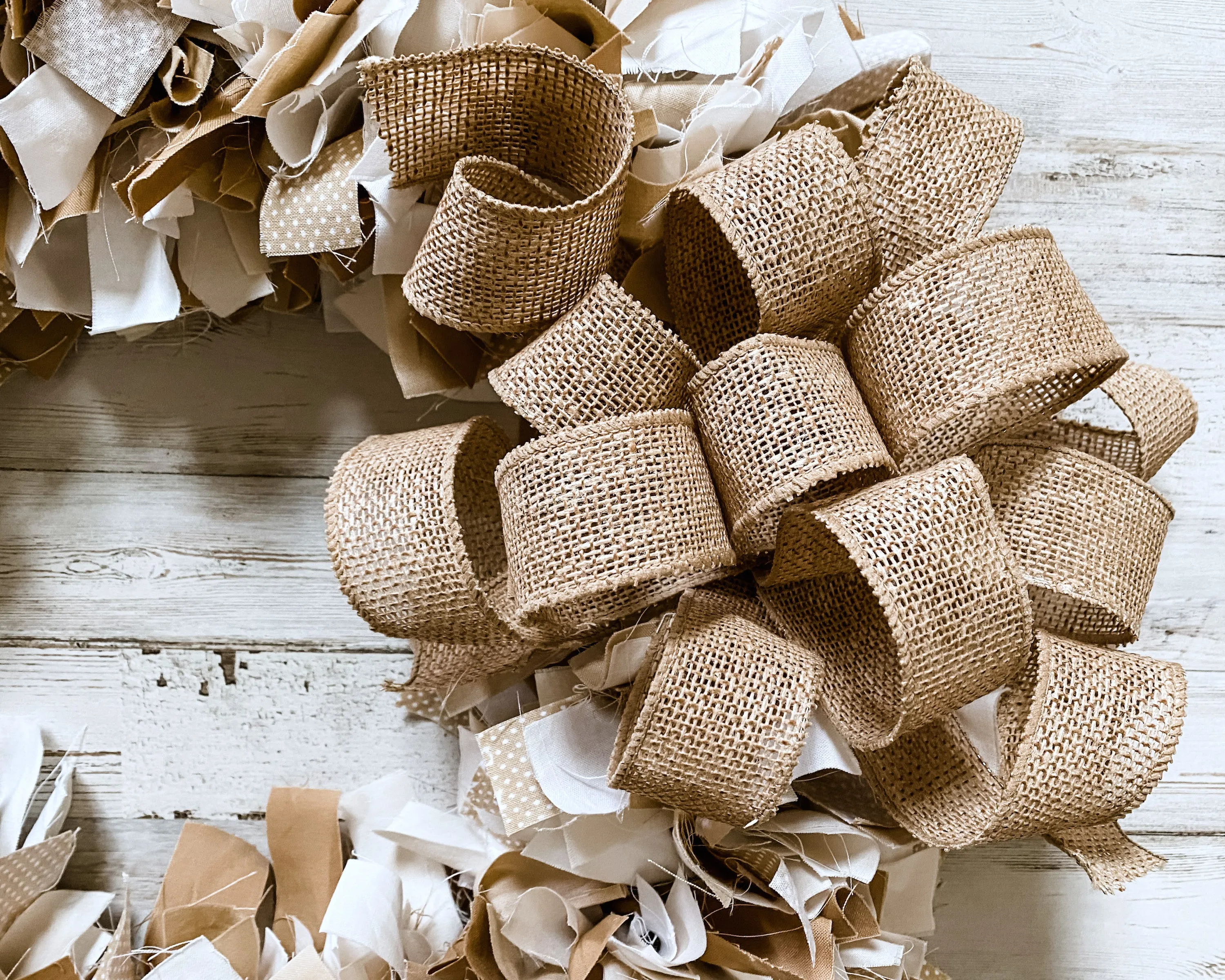 Neutral rustic brown polka dot fabric rag wreath