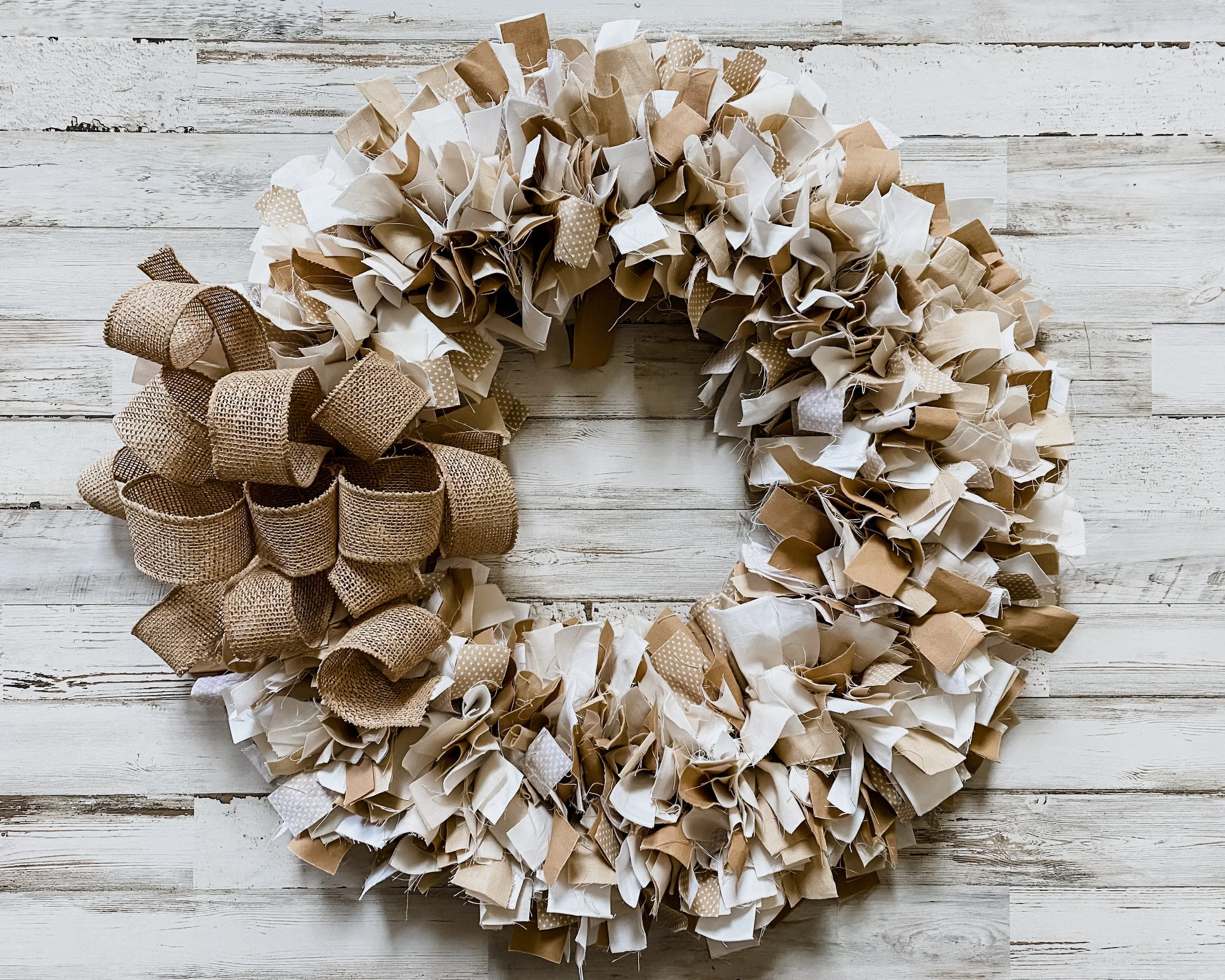 Neutral rustic brown polka dot fabric rag wreath