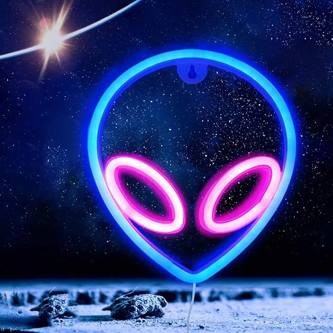 New YouOKLight neon signs for wall decor. alien neon lights signs,led neon signs wall mount USB or battery powered with On/off Switch,light up for home,kids room,children‘s day,pink inside,blue outside.