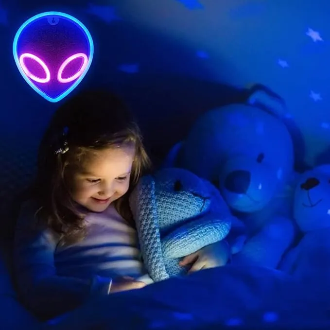 New YouOKLight neon signs for wall decor. alien neon lights signs,led neon signs wall mount USB or battery powered with On/off Switch,light up for home,kids room,children‘s day,pink inside,blue outside.