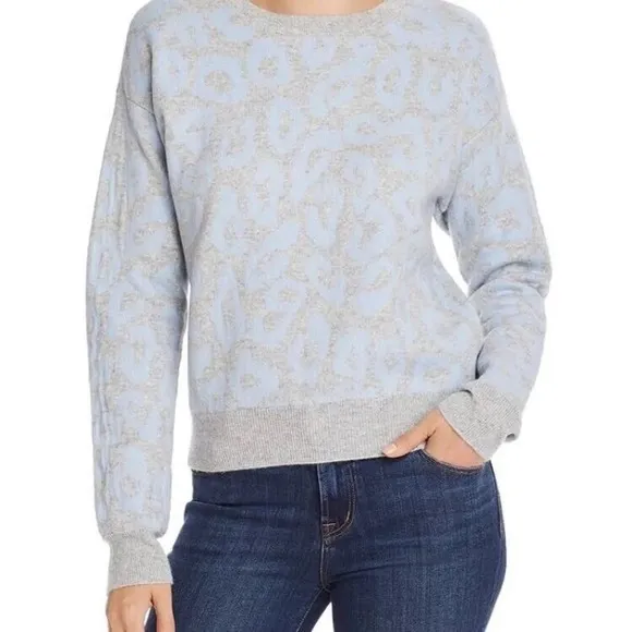NWOT Aqua 100% Cashmere Leopard Print Sweater in Grey/Baby Blue Size S