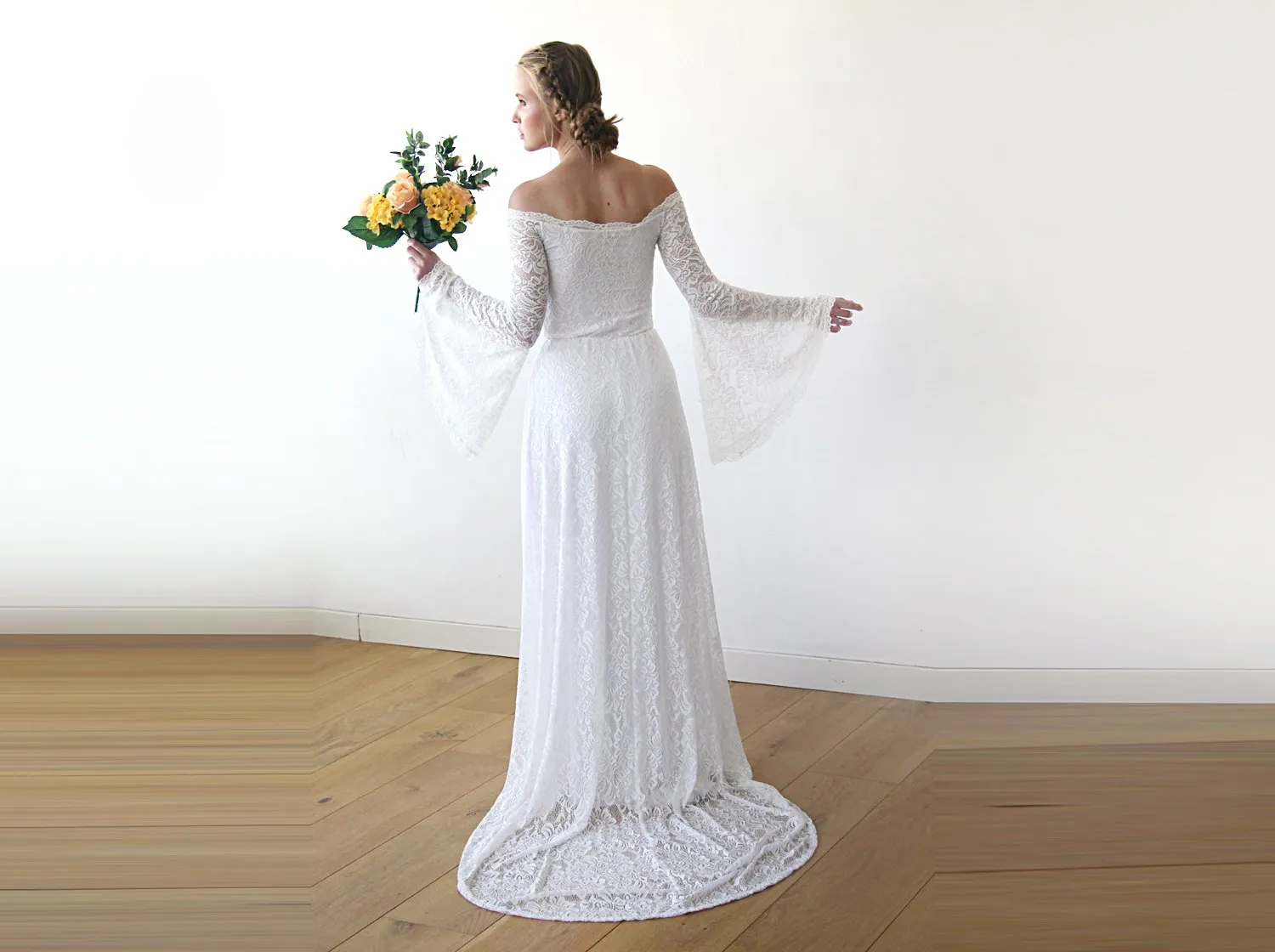 Off-Shoulder Bell Sleeve Dress With A Train   #1202