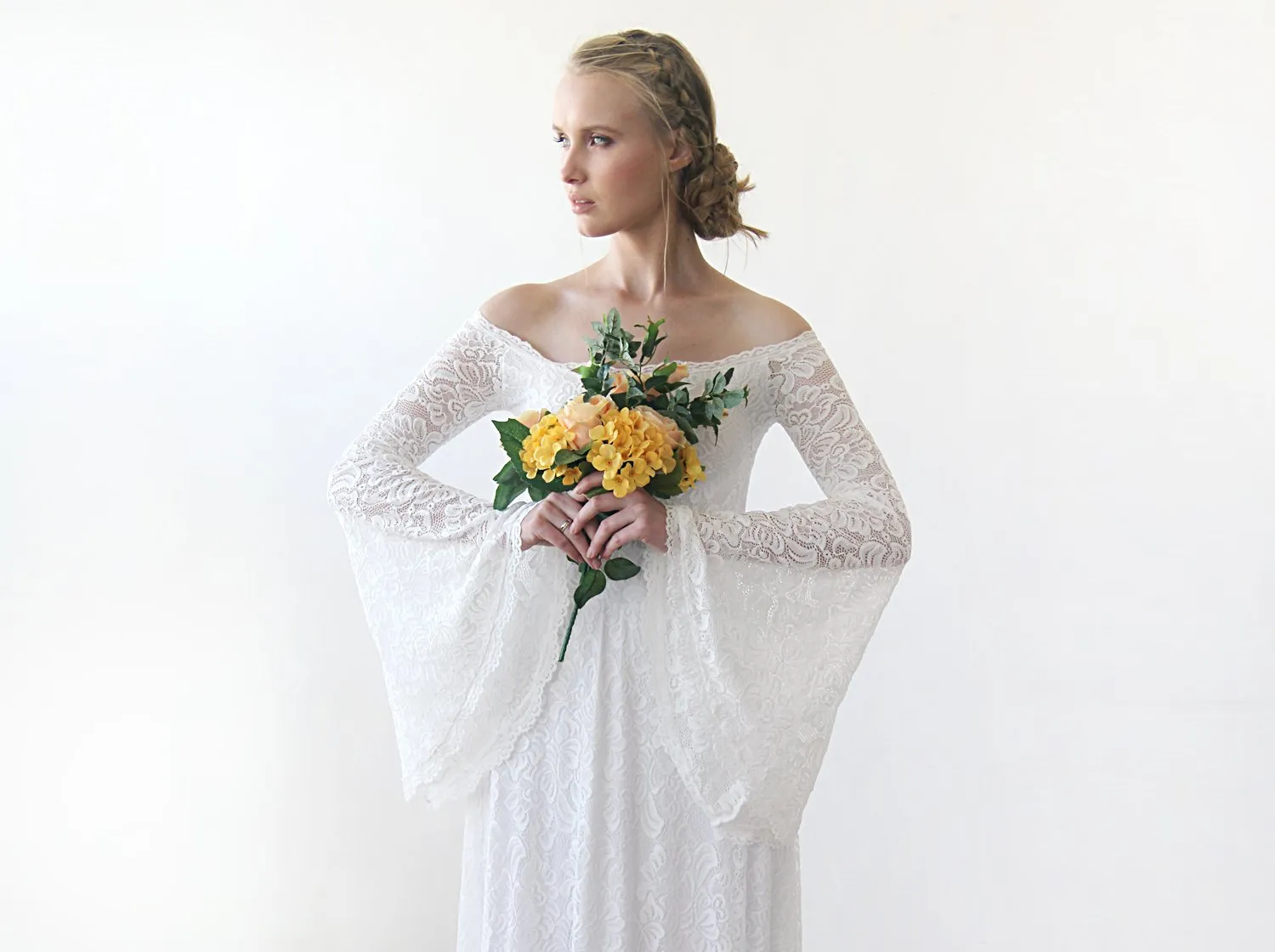 Off-Shoulder Bell Sleeve Dress With A Train   #1202