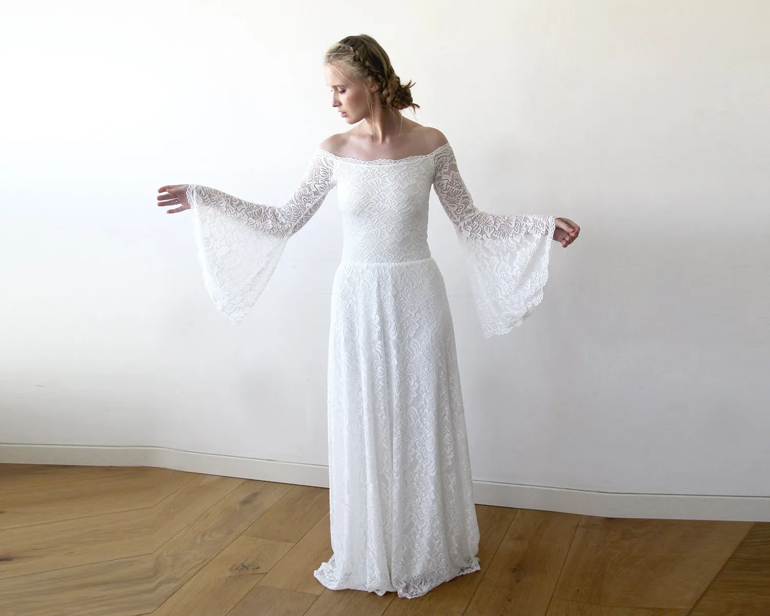 Off-Shoulder Bell Sleeve Dress With A Train   #1202