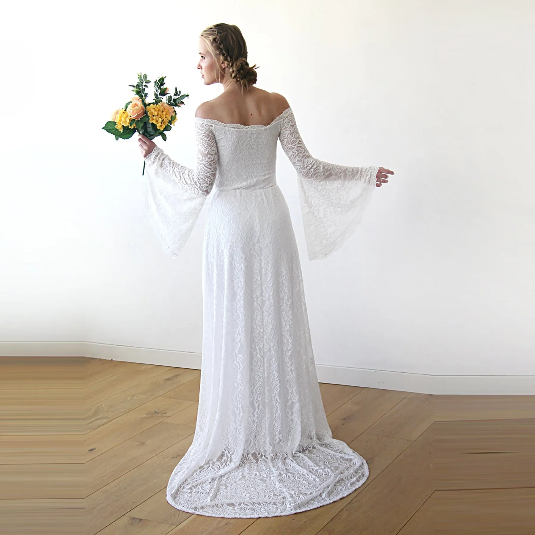 Off-Shoulder Bell Sleeve Dress With A Train   #1202