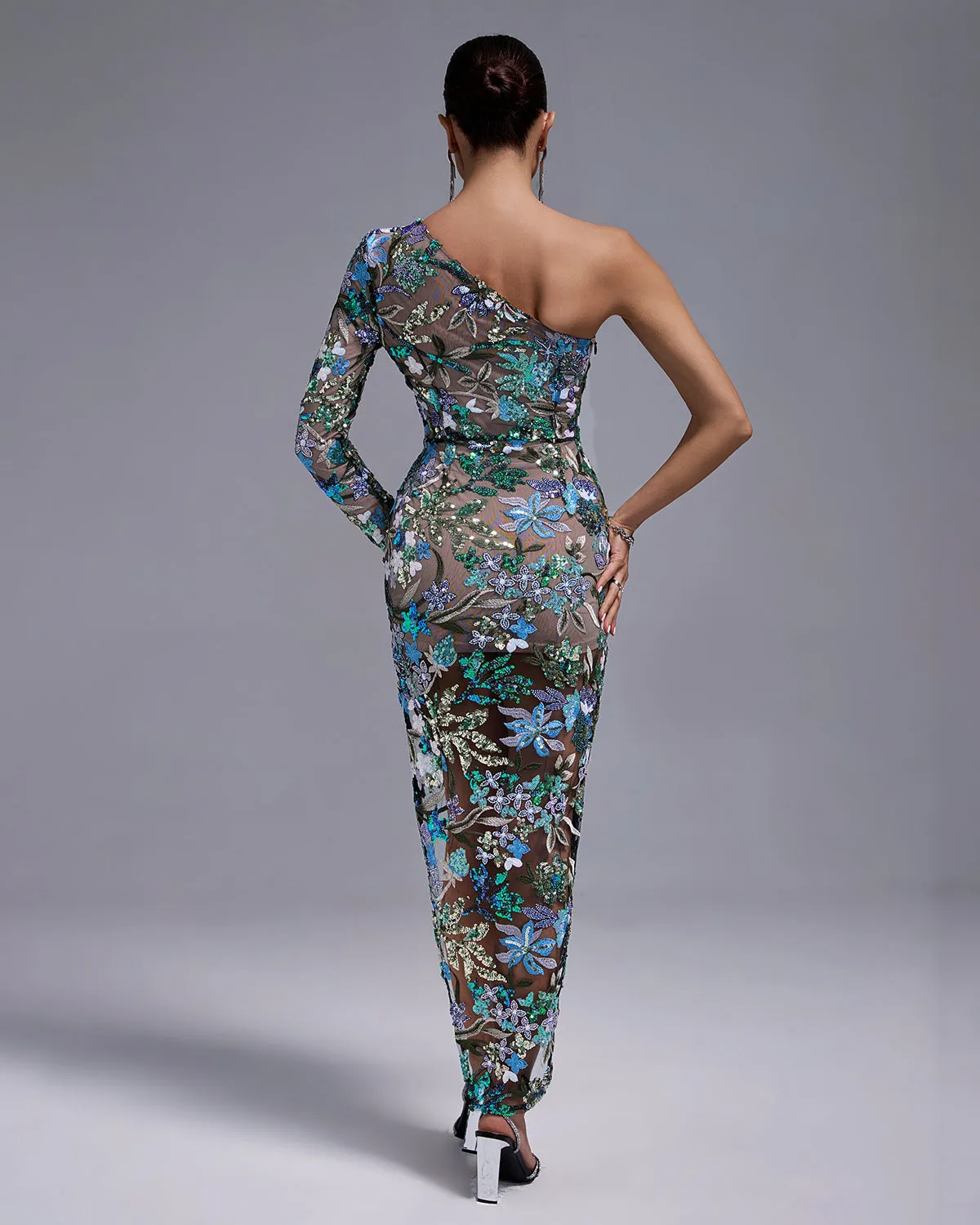 One Shoulder Tokyo Sequins Floral Dress