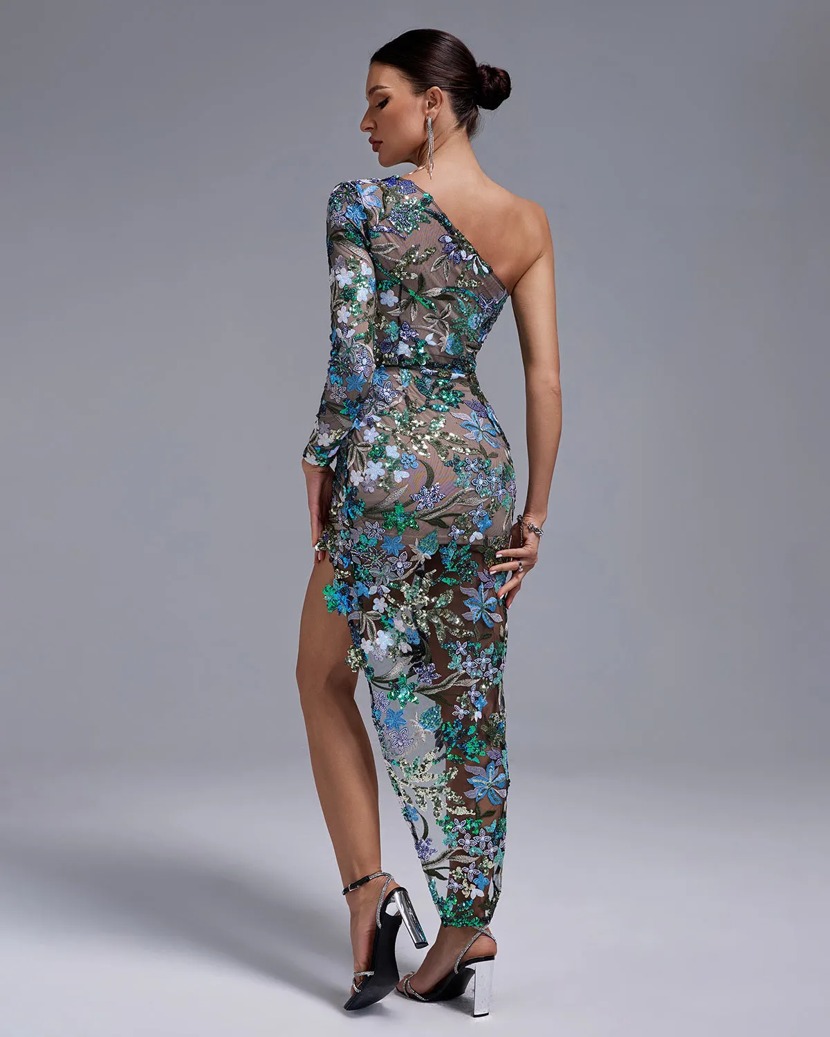 One Shoulder Tokyo Sequins Floral Dress