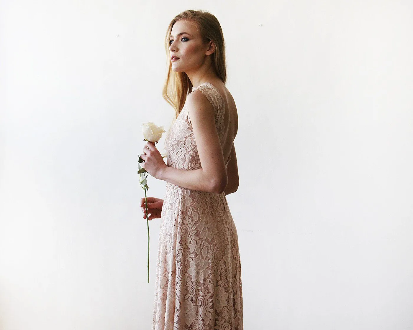Open back lace maxi dress sleeveless pink blush  #1141