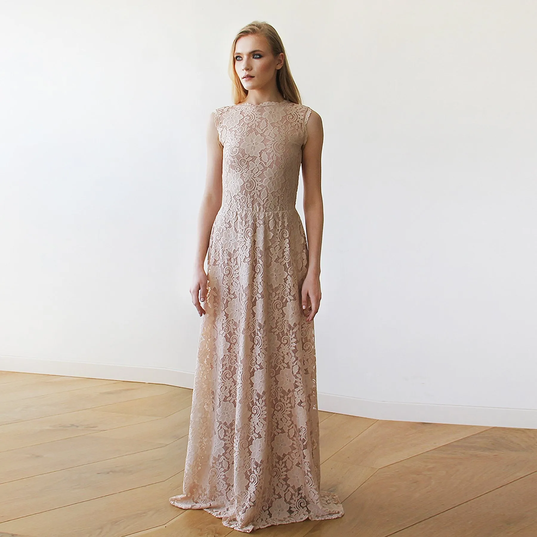 Open back lace maxi dress sleeveless pink blush  #1141