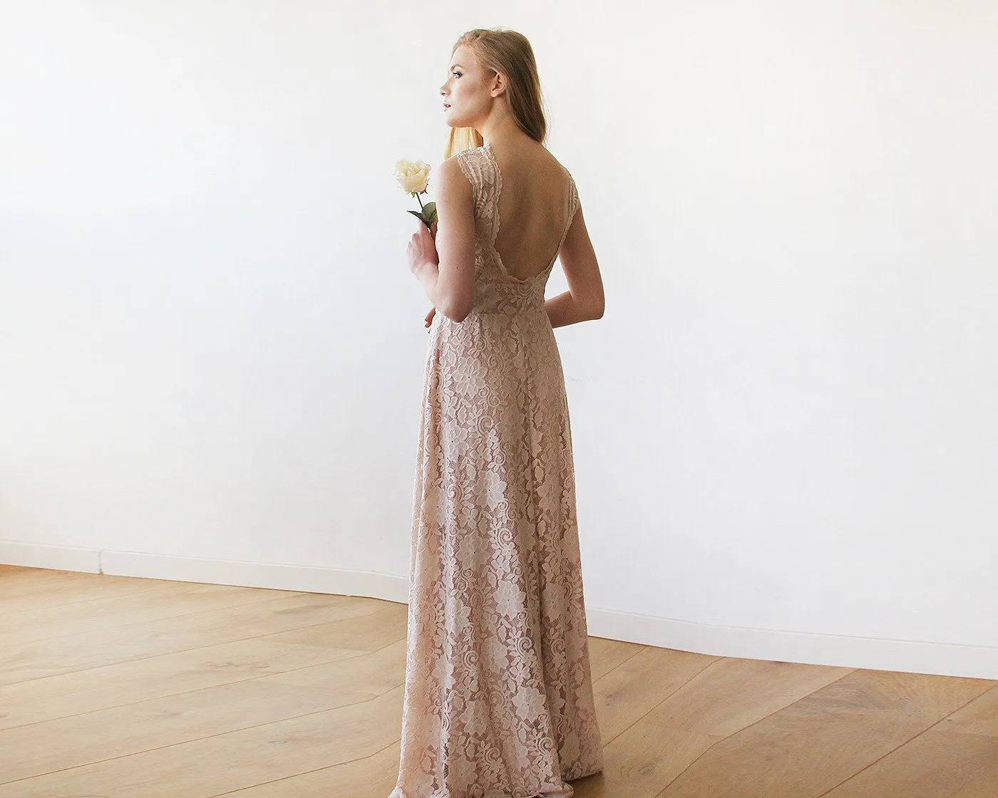 Open back lace maxi dress sleeveless pink blush  #1141