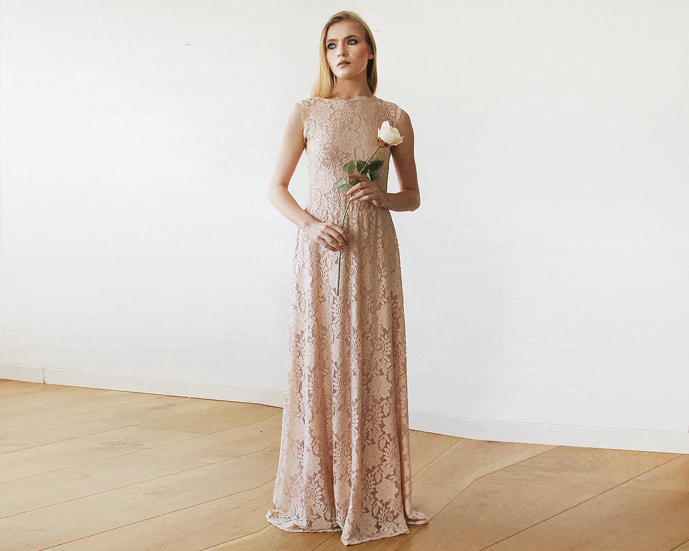 Open back lace maxi dress sleeveless pink blush  #1141