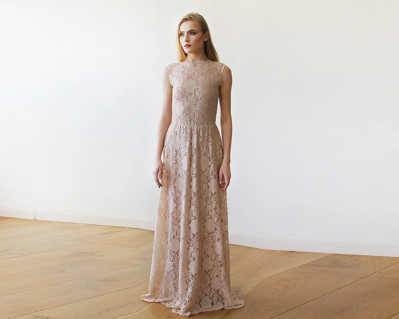 Open back lace maxi dress sleeveless pink blush  #1141