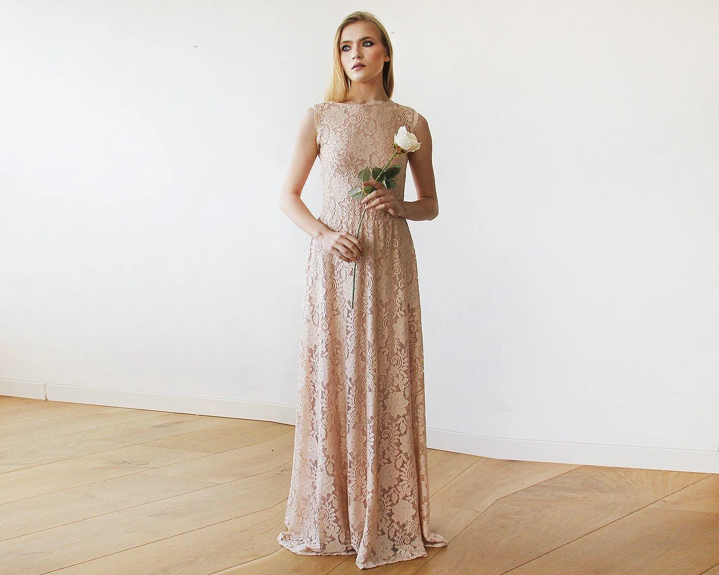 Open back lace maxi dress sleeveless pink blush  #1141