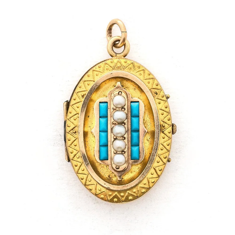 Oval Turquoise & Pearl Etruscan Revival Antique Locket