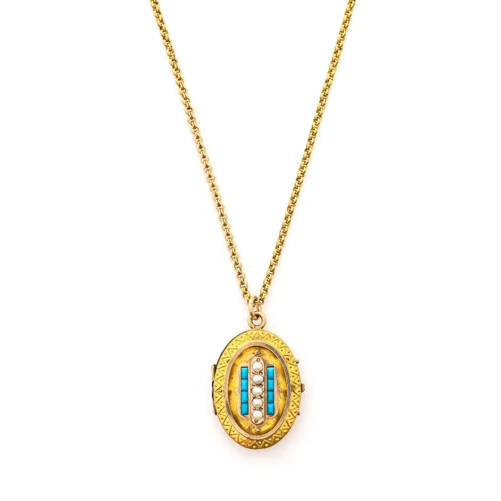 Oval Turquoise & Pearl Etruscan Revival Antique Locket